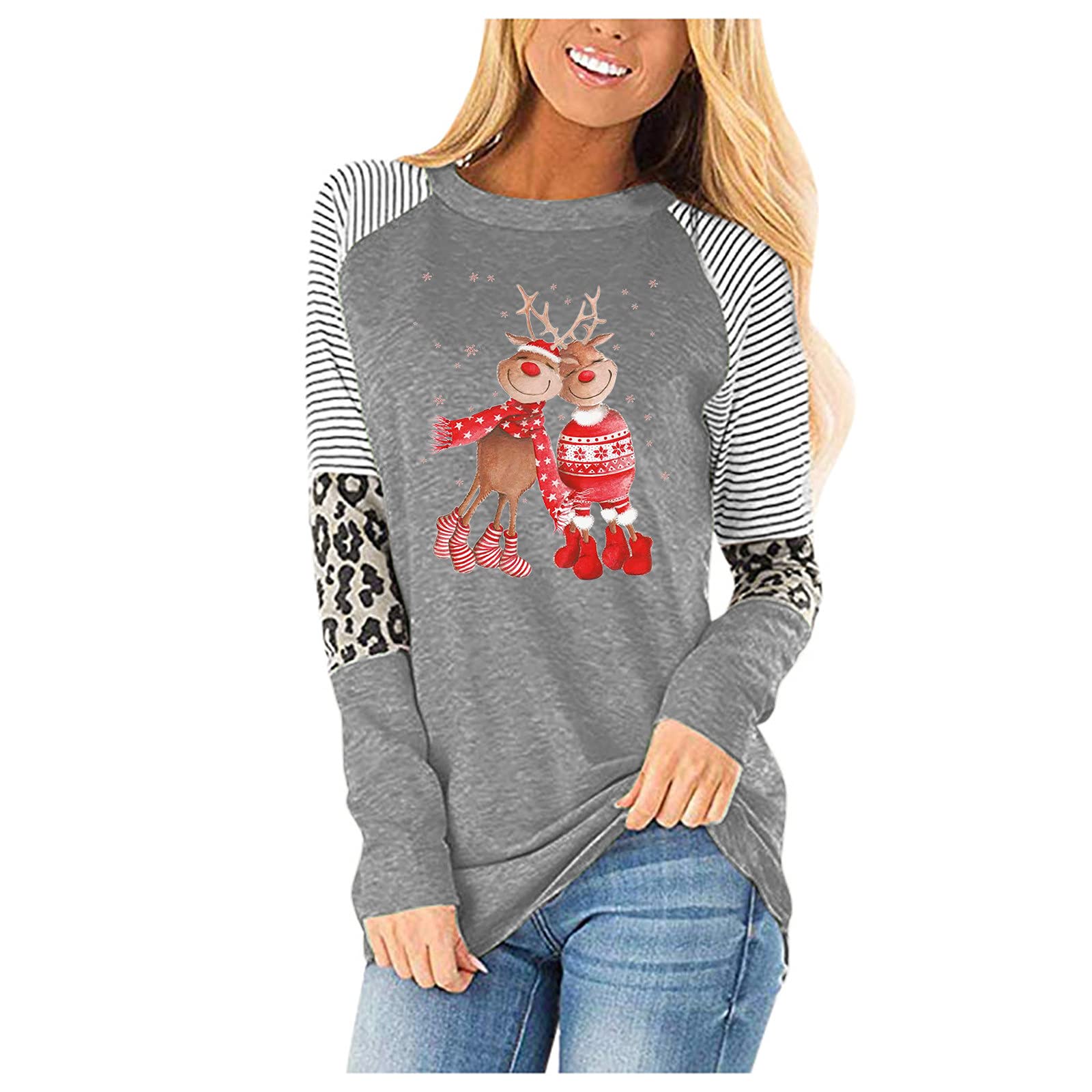 Women's Leopard Print Long Sleeve T-Shirt - Christmas Fall Blouse with O-Neck & Splicing Design | Casual Wear, Holiday Outfits, Office Attire & Party Tops