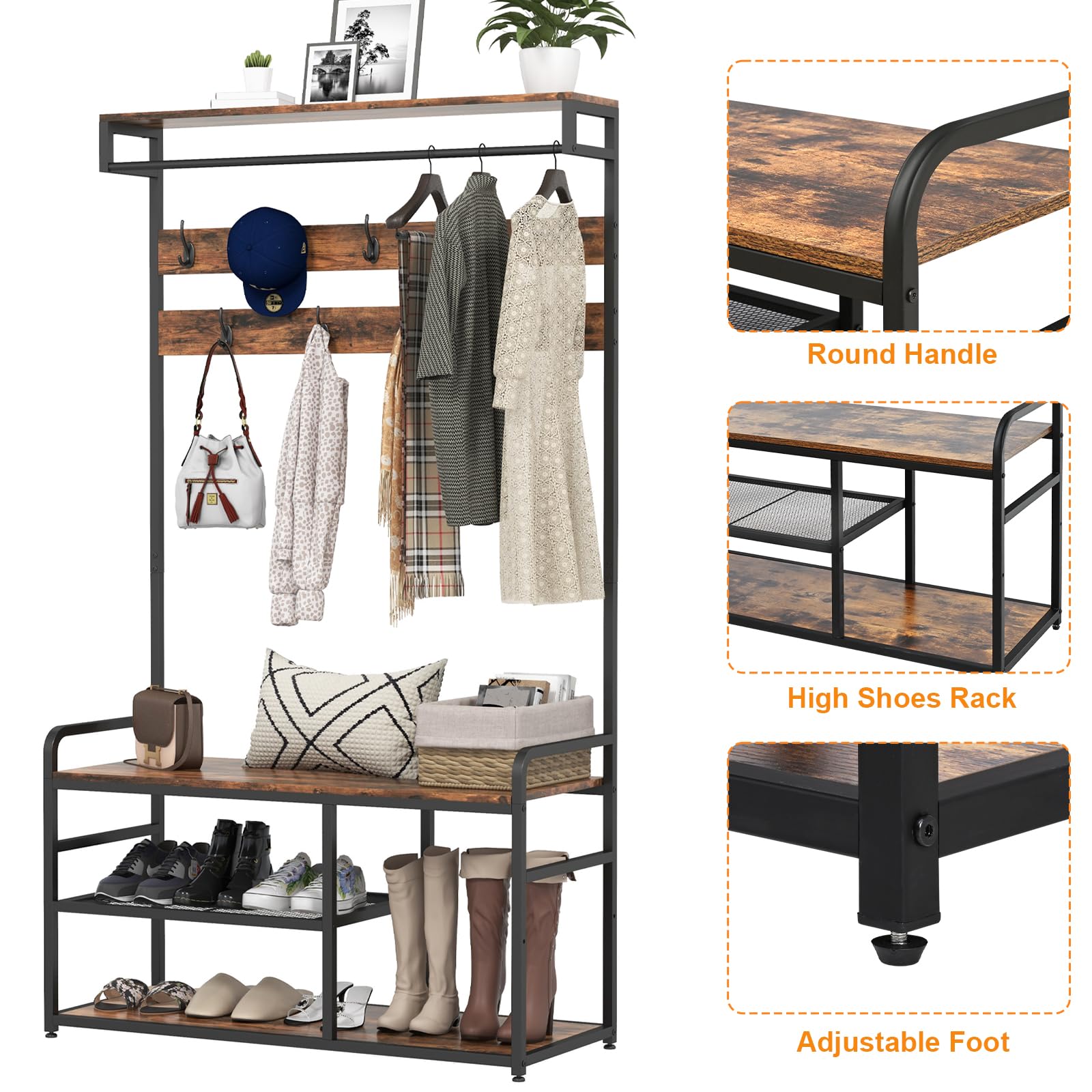 Industrial Hall Tree Coat Rack with 9 Hooks & Storage - Rustic Brown Entryway Organizer for Shoes, Coats & Accessories - Perfect for Mudroom, Foyer or Small Space Entryway Organization