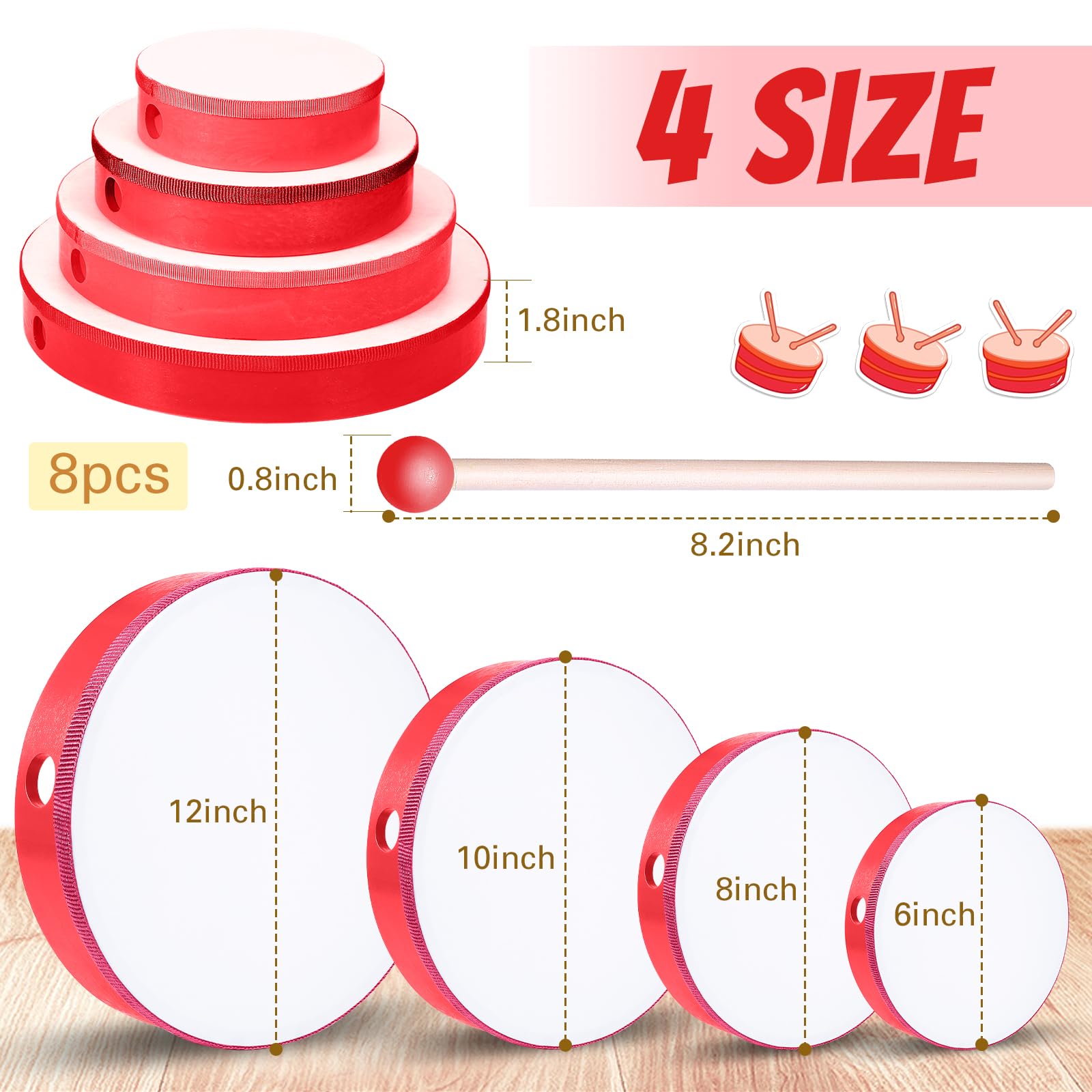 4-Piece Wooden Hand Drum Set for Kids & Adults - 12, 10, 8 & 6 Inch Frame Drums with Sticks - Percussion Musical Instruments for Beginners, Schools, Home Parties & Classroom Activities (Red) - Perfect for Music Education, Family Gatherings & Cultural Events