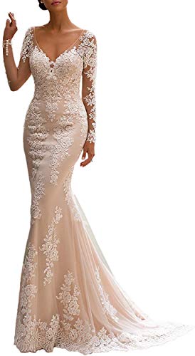 Elegant Lace Applique Long Sleeve Mermaid Wedding Dress for Bride - Perfect for Church Ceremony, Beach Weddings & Formal Reception