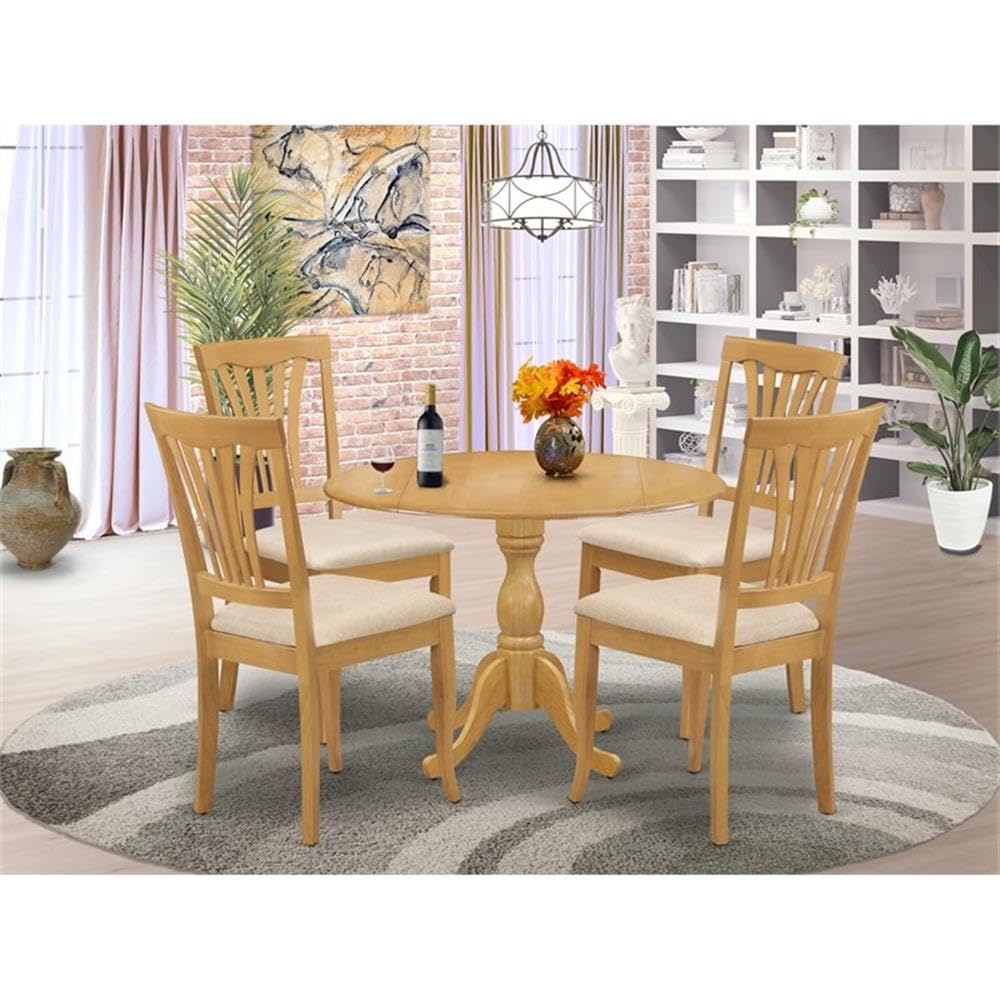 East West Furniture DMAV5-OAK-C 5-Piece Oak Kitchen Table Set with Dropleaf Round Dining Table & 4 Linen Fabric Chairs, 42x42 Inch - Perfect for Small Dining Rooms, Breakfast Nooks & Cozy Family Meals
