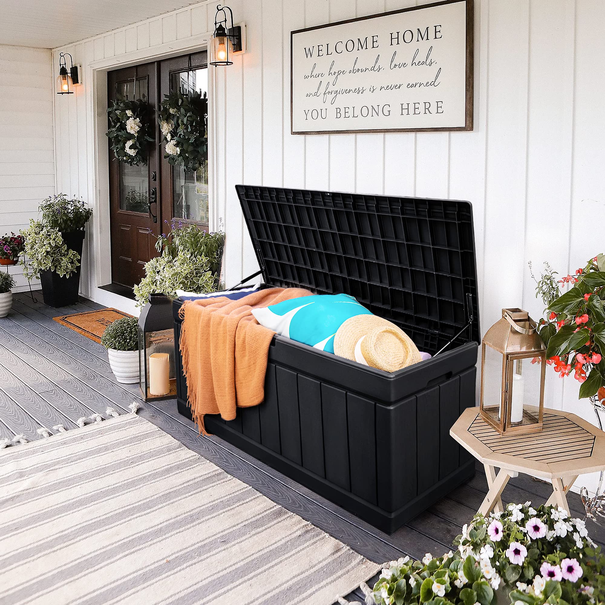 GUNJI 83 Gallon Outdoor Storage Box - Waterproof Large Resin Deck Box with Lockable Lid, Patio Storage Bench for Cushions, Garden Tools & Pool Accessories (Black) - Perfect for Backyard, Poolside & Garden Organization