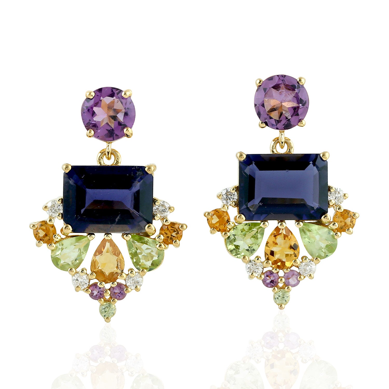 Baguette Cut Iolite & Pear Cut Peridot Citrine Prong Set Diamond Dangle Earrings in Gold - Elegant Jewelry for Weddings, Parties & Special Occasions