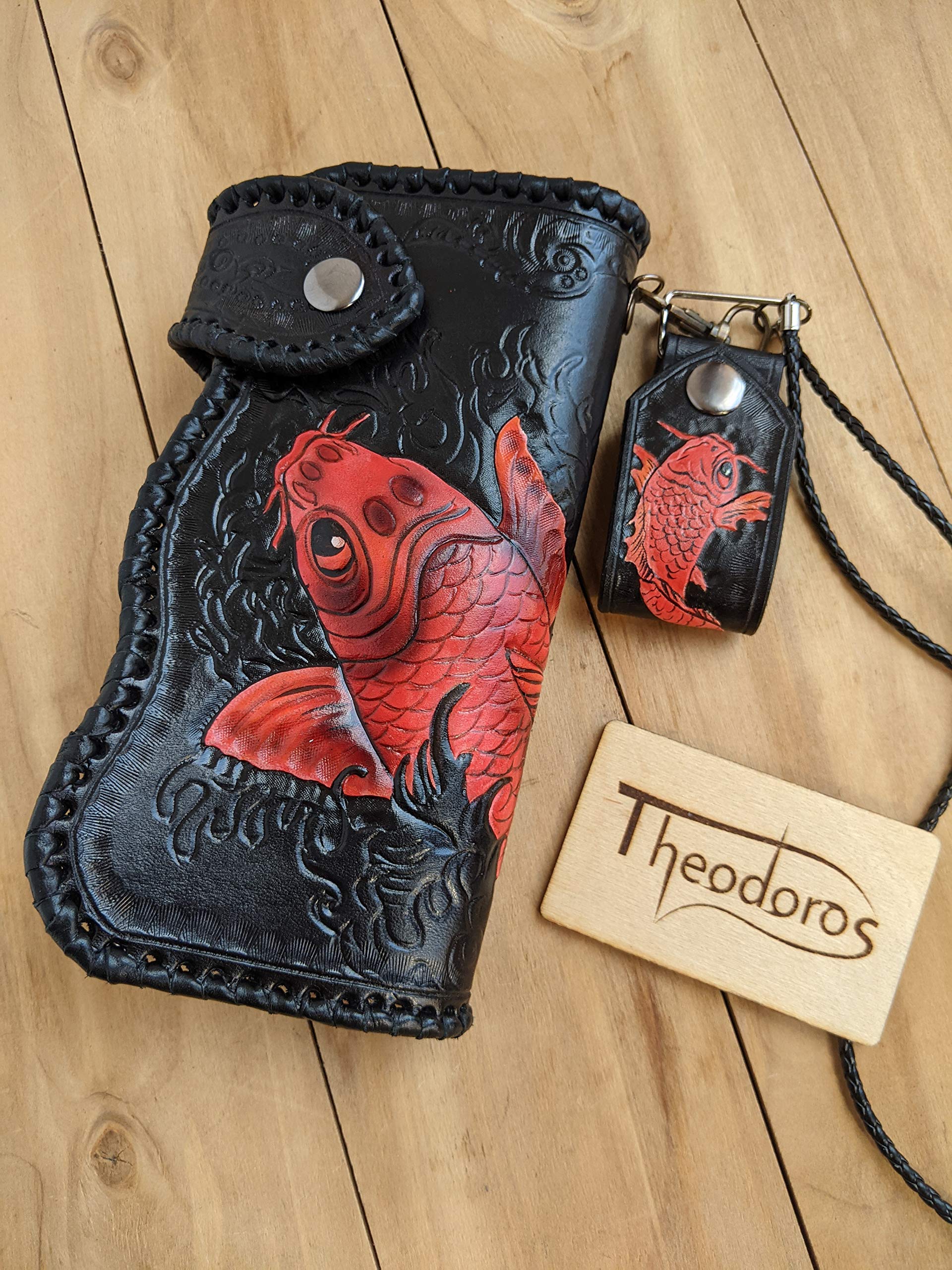 Handmade 3D Genuine Leather Men's Wallet - Custom Engraved Biker Wallet with Lucky Koi Design | Personalized Long Leather Wallet for Men | Perfect Gift for Father's Day, Birthday & Travel