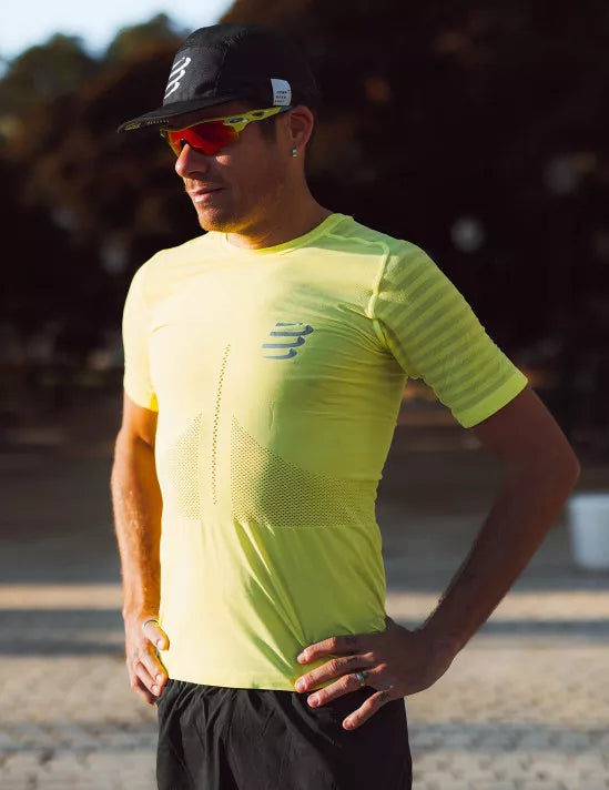 Compressport Men's Racing Short Sleeve T-Shirt - High Performance Running Shirt for Men - Safe Yellow - Ideal for Marathon, Triathlon & Outdoor Sports
