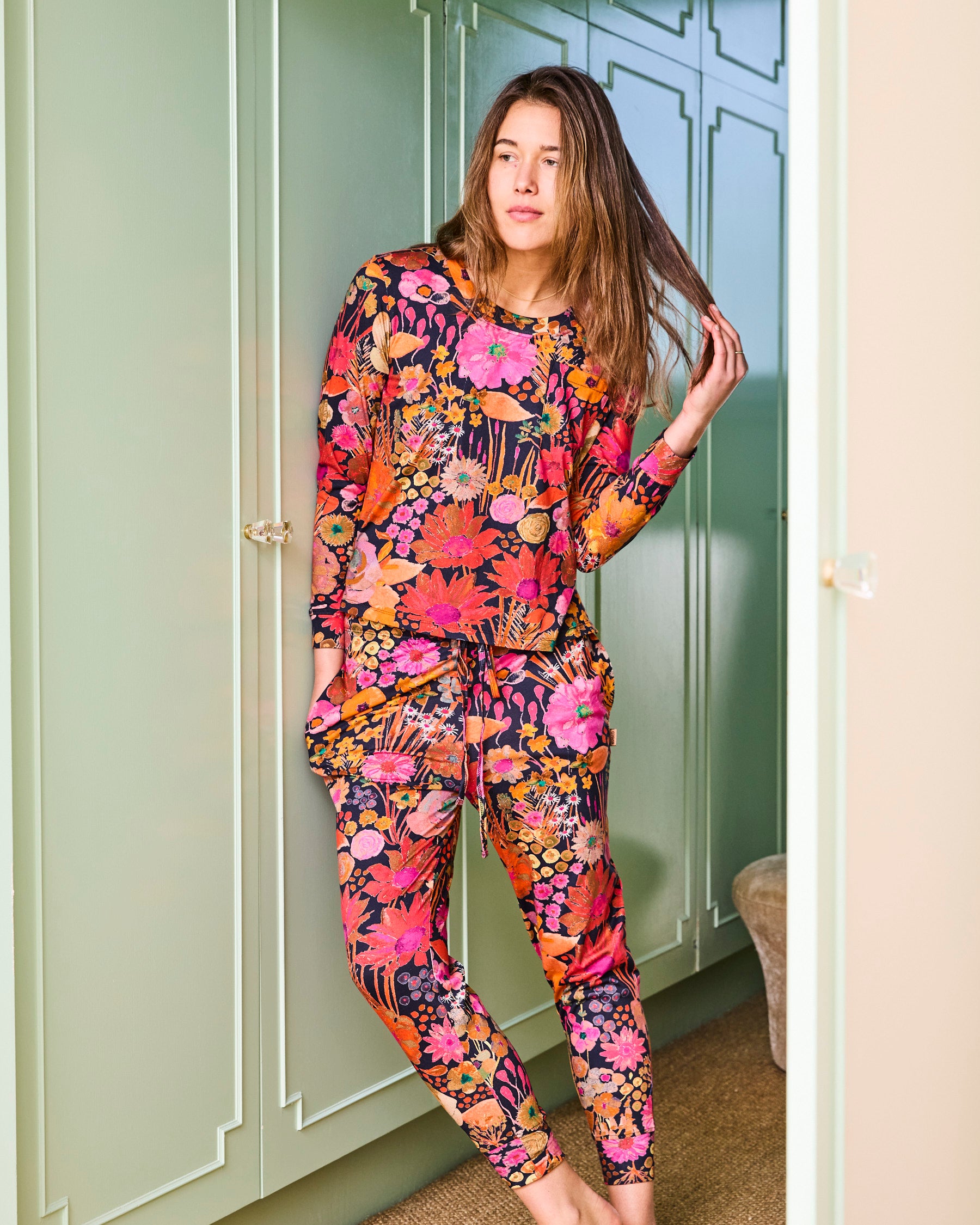 Field of Dreams Navy Blue Organic Cotton Long Sleeve Pajama Set for Women - Cozy Sleepwear & Lounge Wear for Relaxing at Home