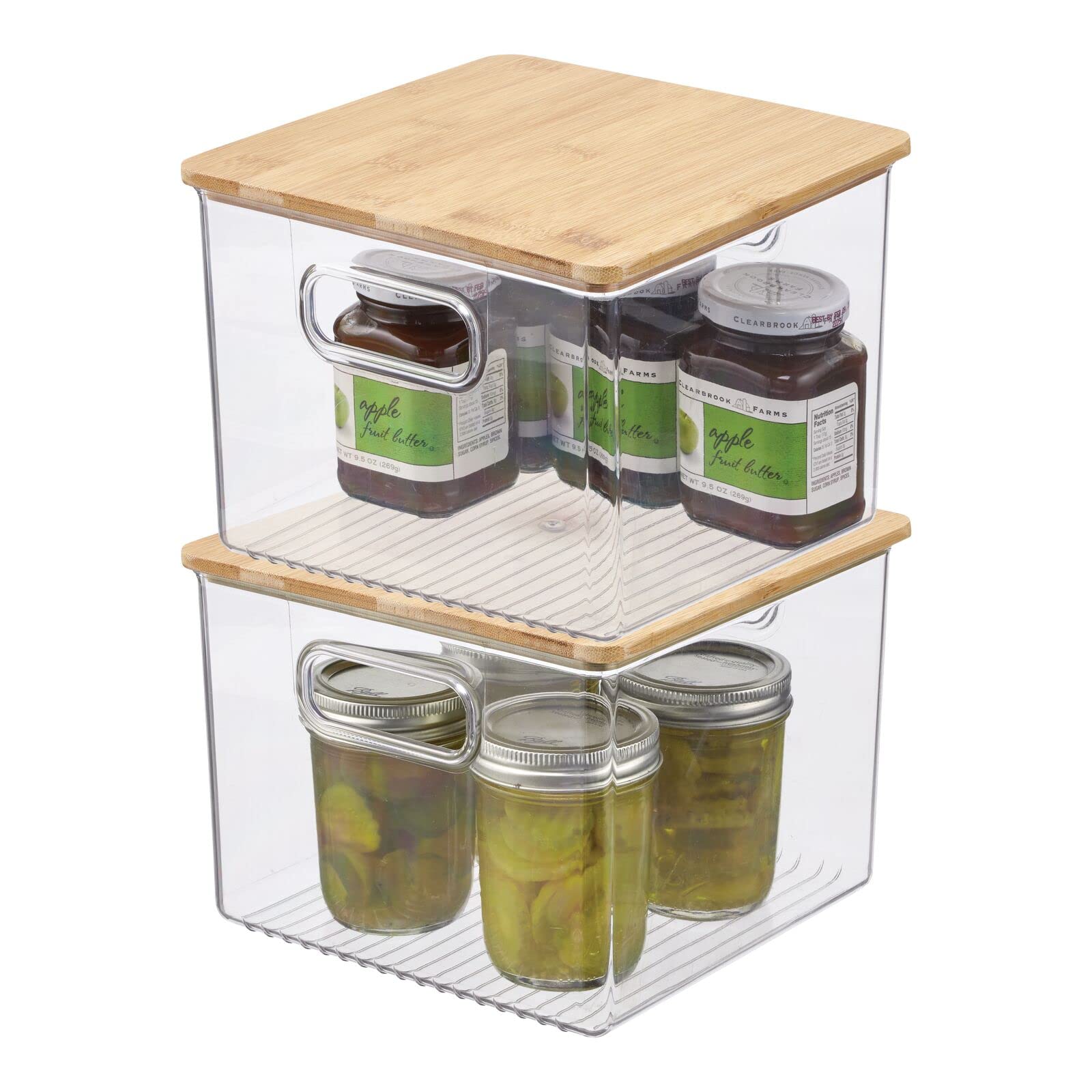Stackable Kitchen Pantry Organizer - Clear Plastic Food Storage Bins with Bamboo Lids - Perfect for Snacks, Pasta & Jars Storage