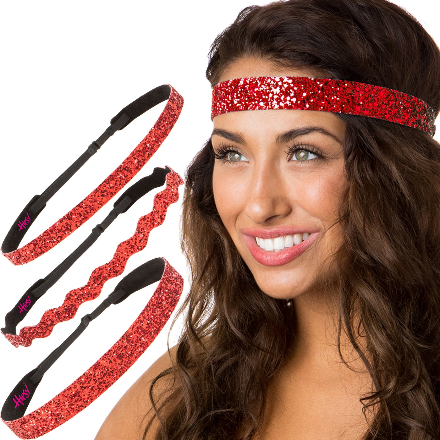 Sparkly Bling Mixed 3pk Adjustable No-Slip Headbands for Women, Girls & Teens - Petite Size - Perfect for Sports, Workouts, School & Everyday Fashion (Bling Glitter Mixed Red)