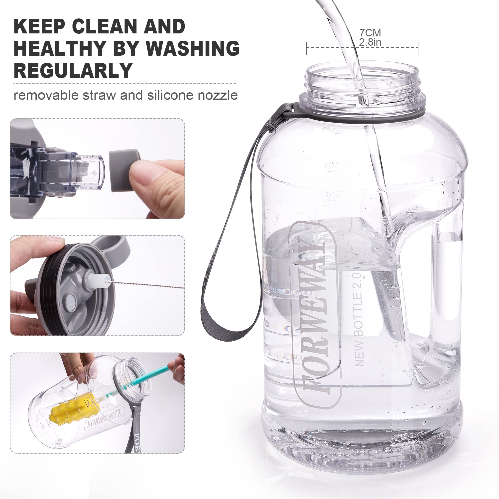 **2.2L (74oz) Large Leakproof Sports Water Bottle with Straw & Handle - BPA Free Half Gallon Water Jug for Camping, Hiking, Gym & Outdoor Activities (Clear)**