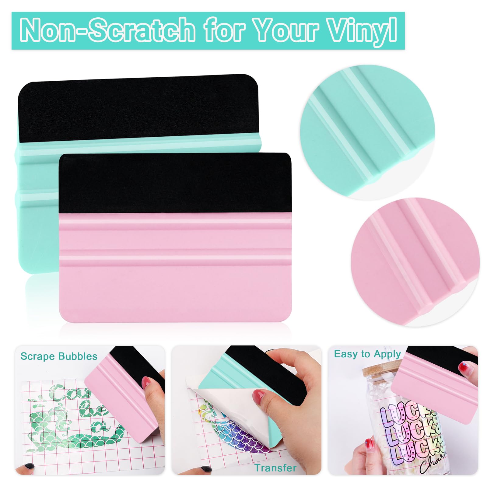 WRAPXPERT 2-Pack Vinyl Squeegee Tool Set - Pink & Teal Felt Scraper for Vinyl Application, Heat Transfer Vinyl, Decals & Stickers - Perfect for Cricut, Silhouette, HTV Projects & DIY Crafts