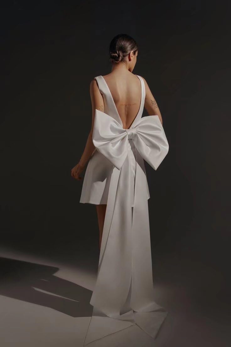Elegant Short Satin Wedding Dress with Bow Detail - Backless Sleeveless Mini Bridal Gown for Women | Perfect for Beach Weddings, Vow Renewals & Romantic Getaways