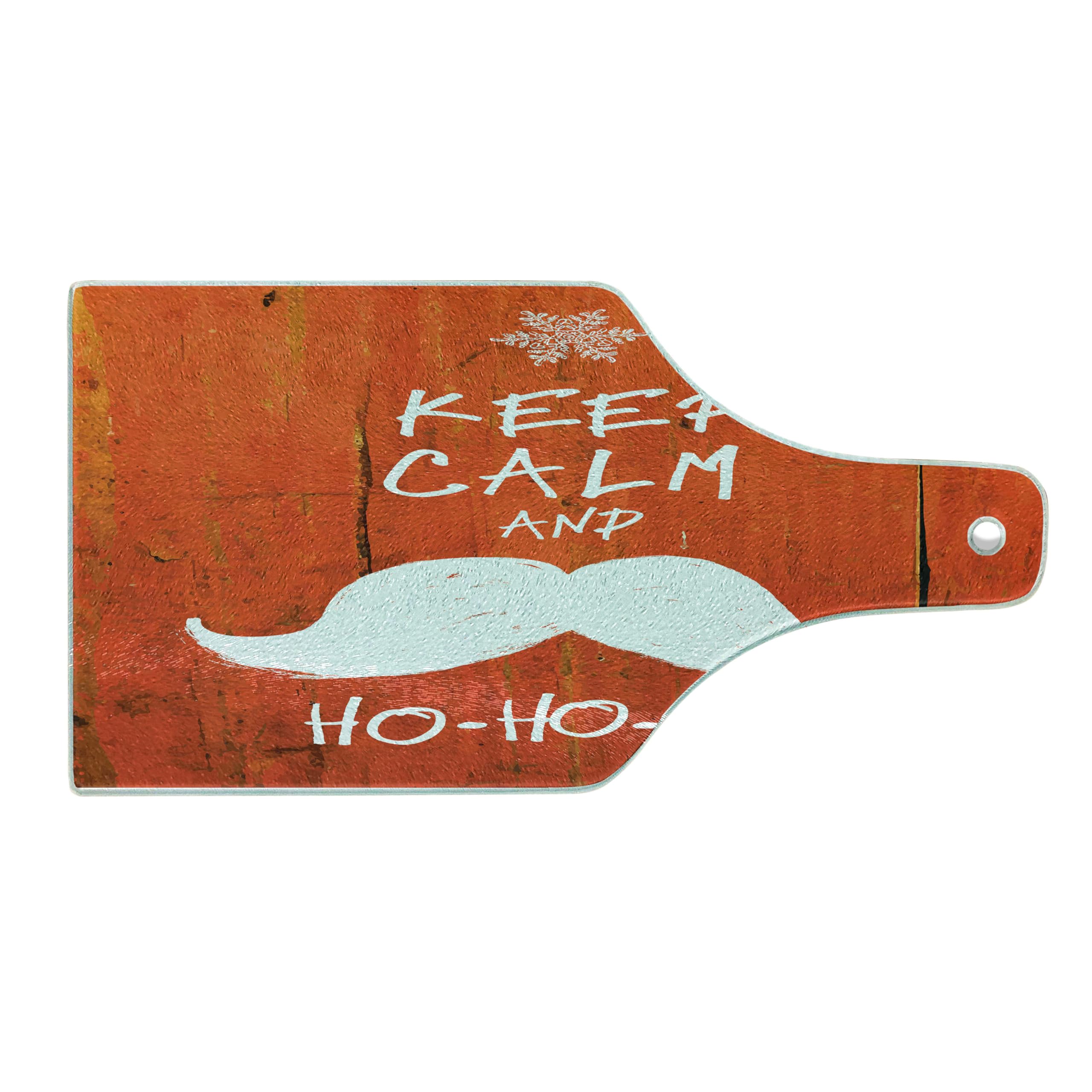 Ambesonne Christmas Themed Tempered Glass Cutting Board - Funny 'Keep Calm and Ho-Ho-Ho' Design with Moustache & Snowflakes - Decorative Serving Board in Wine Bottle Shape (Vermilion/White) - Perfect for Holiday Parties, Gift Giving & Festive Kitchen Decor