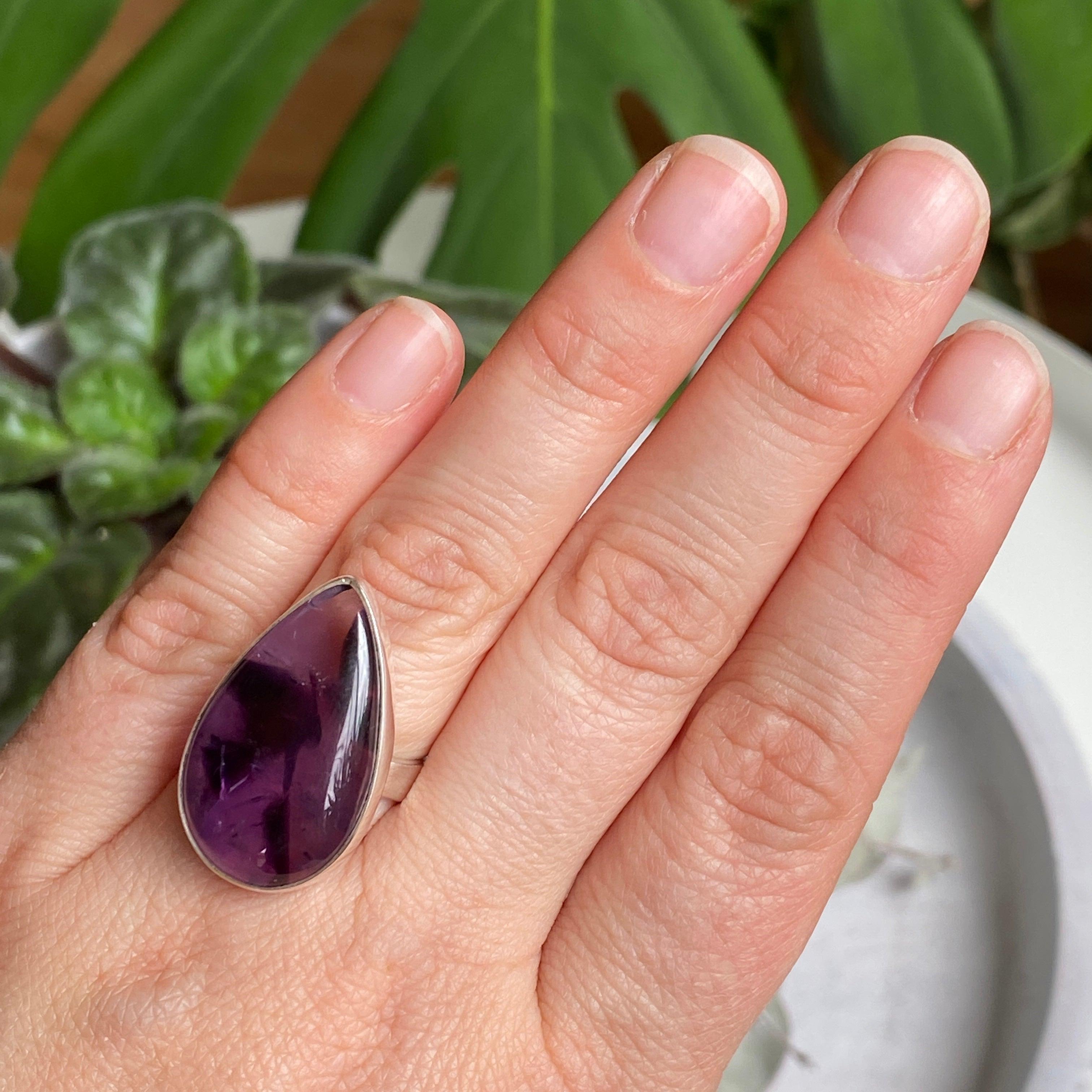 Amethyst Teardrop Cabochon Ring - Size 6 - Sterling Silver 925 - Elegant Purple Gemstone Jewelry for Women - Perfect for Weddings, Parties & Everyday Wear