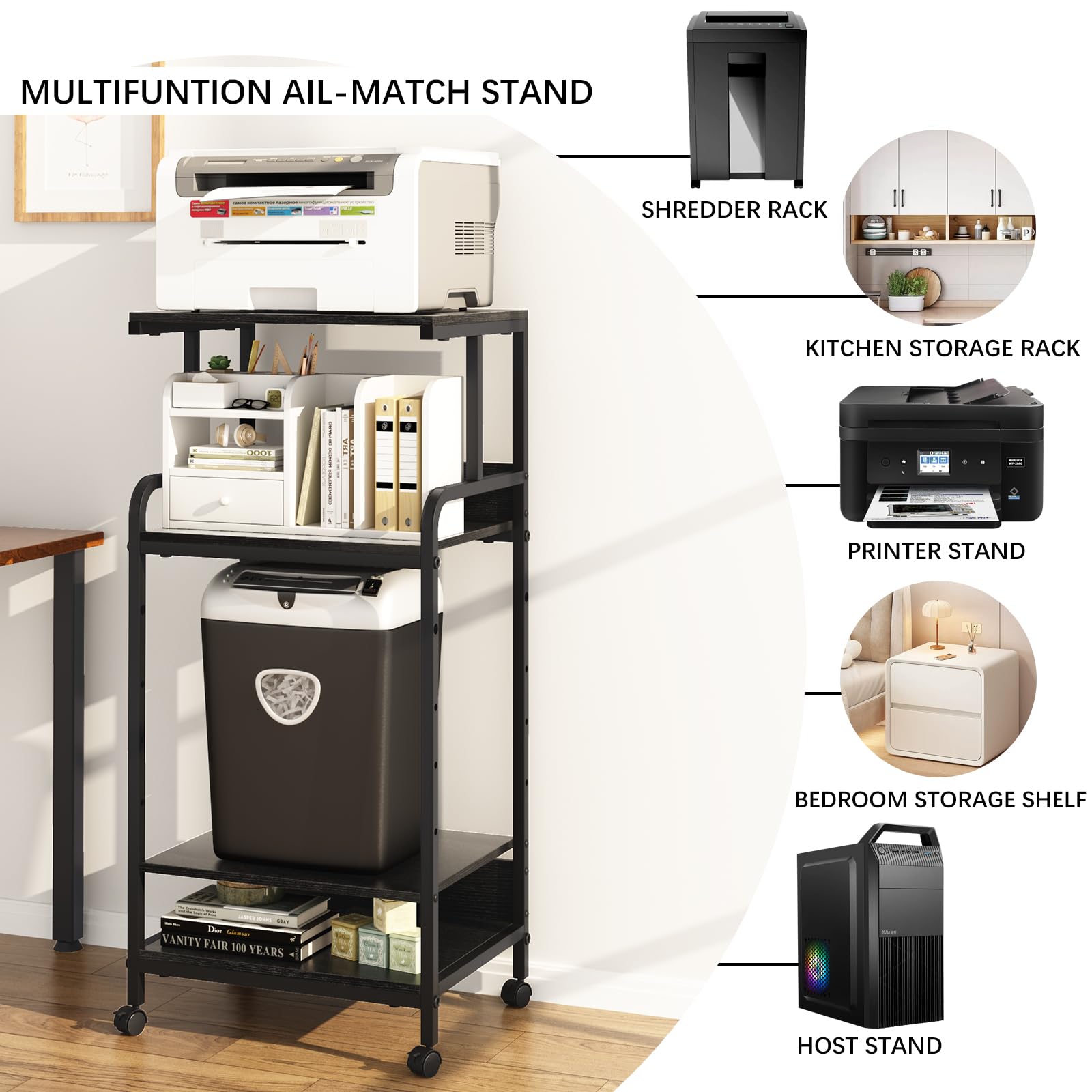4 Tier Printer Stand with Storage Shelf - Large Mobile Printer Cart with Wheels for Home Office - Adjustable Printer Table for Heat Press, Scanner & Fax - Black (Perfect for Small Spaces & Office Organization)