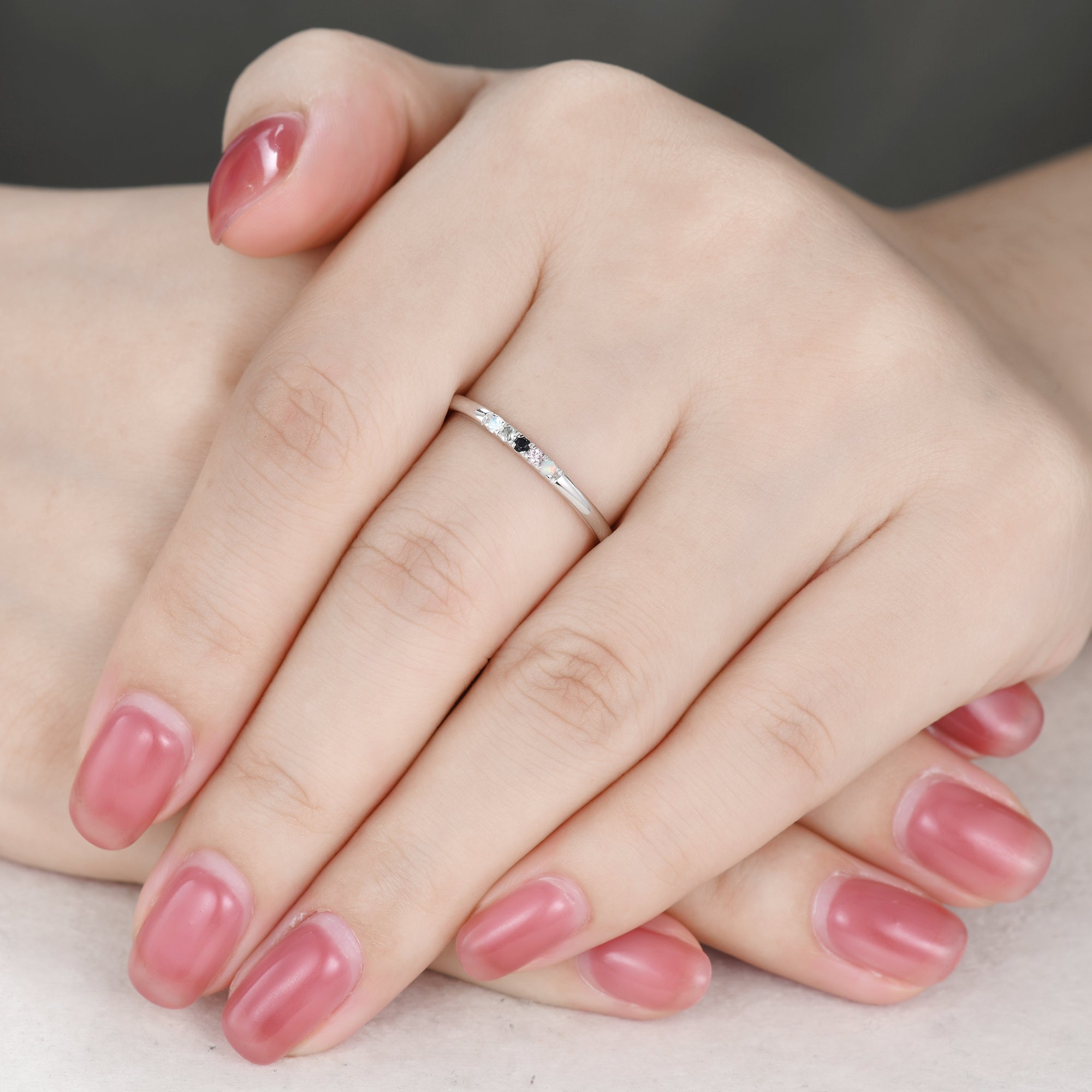 Personalized 5 Birthstone White Gold Ring for Mom - Moonstone, Moss Agate, Sandstone, Morganite & Opal - Perfect Gift for Mother's Day, Anniversary & Special Occasions