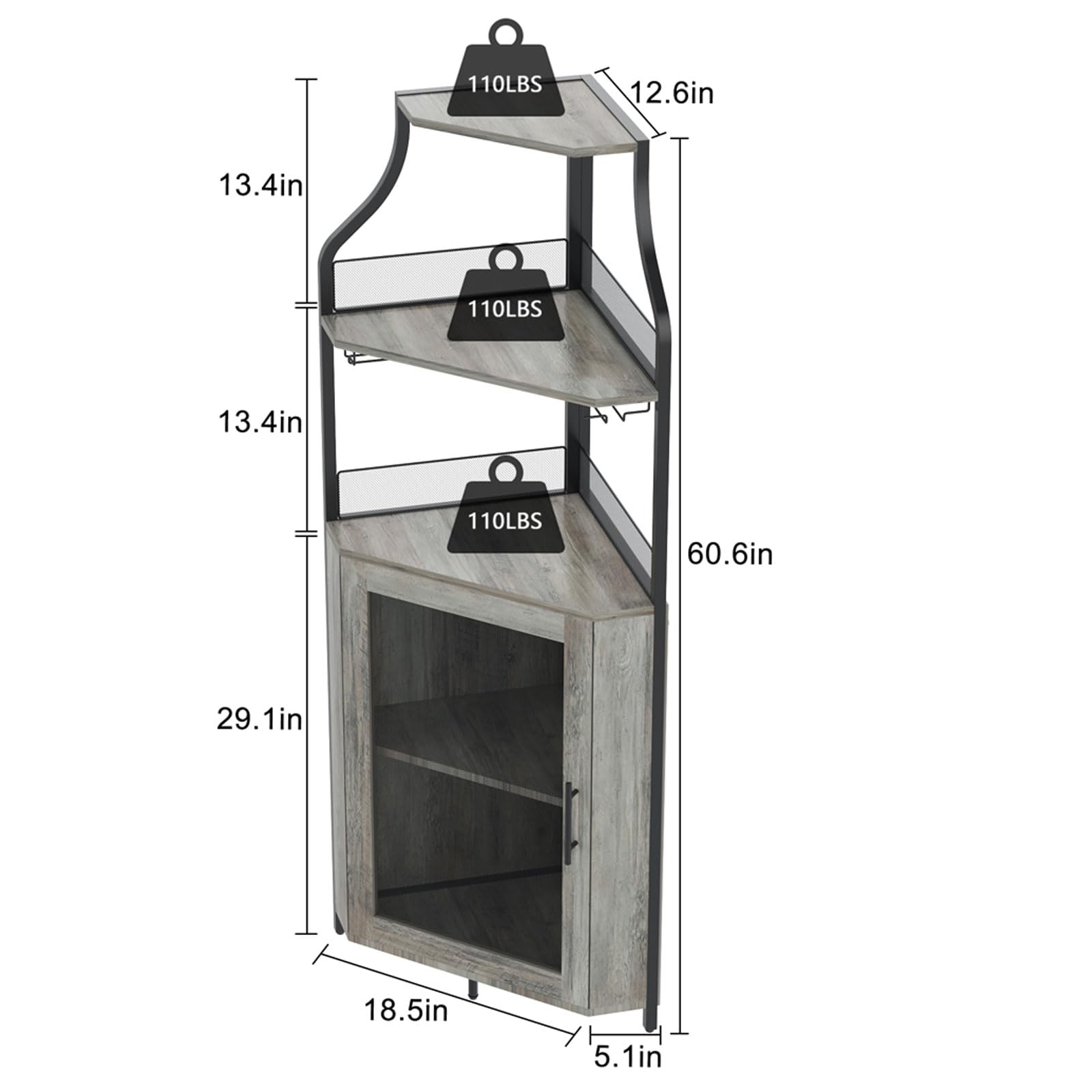 GAOMON 4-Tier Corner Wine Bar Cabinet - Large Storage Space, Removable Wine Rack, Glass Holder & Mesh Door - Grey - Perfect for Home Bar, Kitchen, Dining Room & Entertainment Spaces