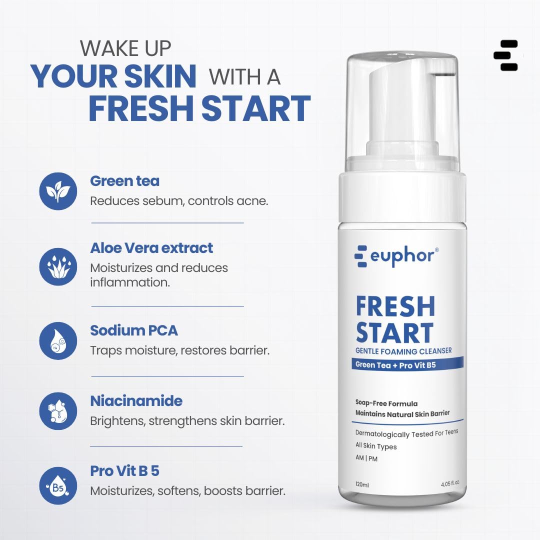 Euphor Teens Gentle Foaming Face Wash for Age 12+ - Green Tea, Aloe Vera & Vitamin B3 Cleanser for Dry, Oily & Combination Skin | Soap-Free, Sulfate-Free Formula | 120ml | Perfect for Morning & Night Skincare Routine | Men & Women