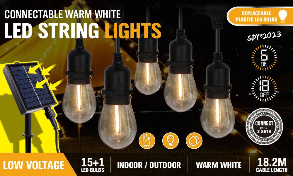 15 LED Solar Powered 18.2M String Lights - Waterproof Outdoor Fairy Lights for Wedding, Party, Garden, Patio & Backyard Decor