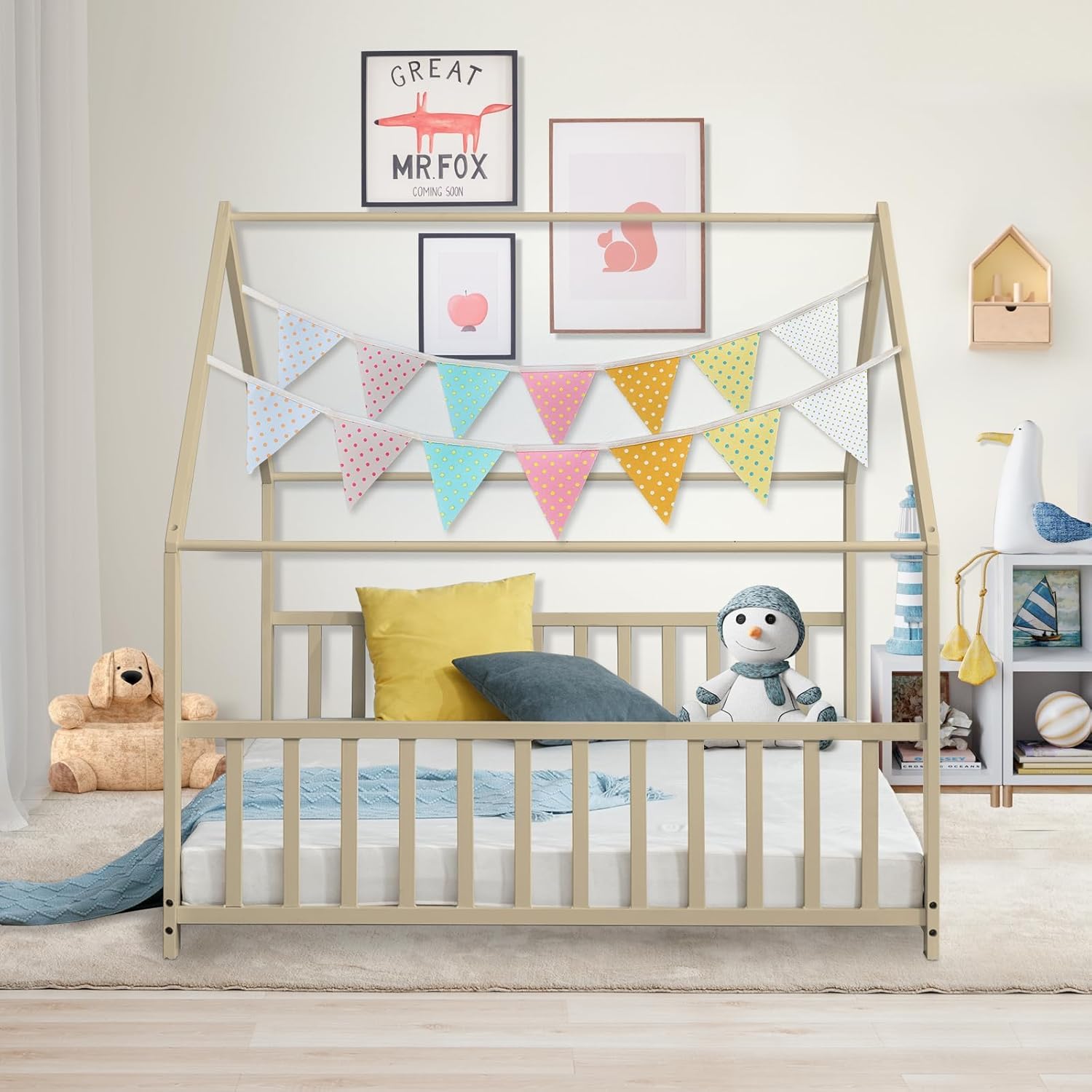 Montessori Full Size Floor Bed - Natural Wood House Bed with Headboard & Footboard for Toddlers, Kids, Boys & Girls - No Box Spring Needed - Perfect for Playrooms, Bedrooms & Montessori Learning Spaces
