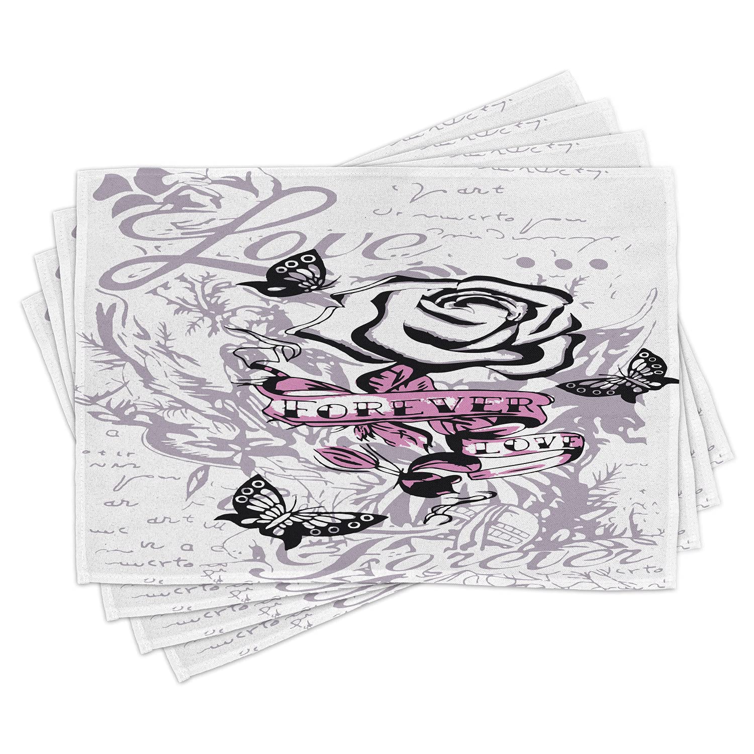 Ambesonne Rose Placemats Set of 4 - Abstract Floral with Butterflies Victorian Design Washable Fabric for Dining Table & Kitchen Decor in Pale Mauve Pink | Perfect for Romantic Dinners, Tea Parties & Home Decor