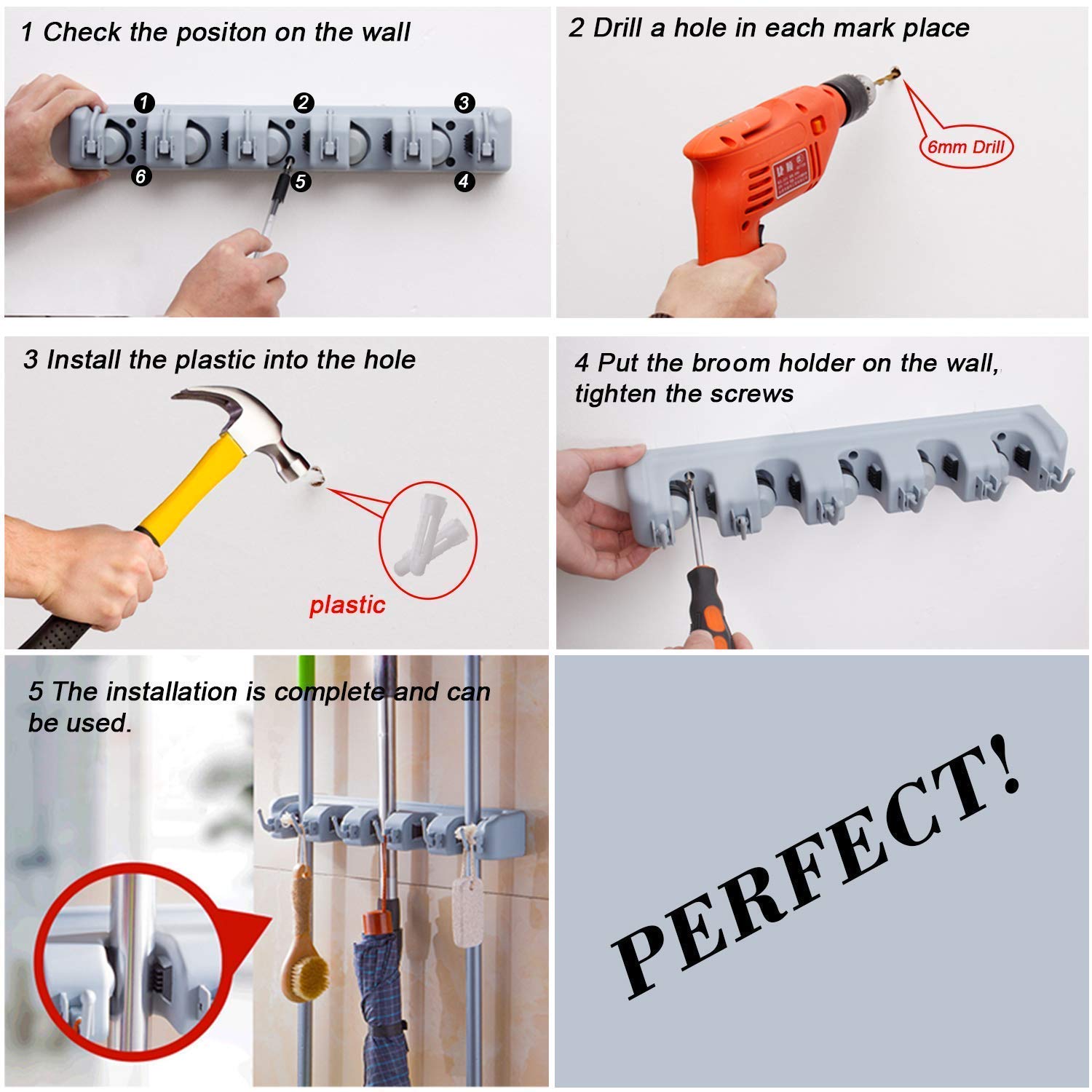 HEOBRO 5-Position Wall Mounted Magic Mop and Broom Holder with 6 Hooks - Space Saving Organizer for Kitchen, Bathroom, Garage Storage (Multicolor) - Perfect for Cleaning Tools, Utensils, and Household Items