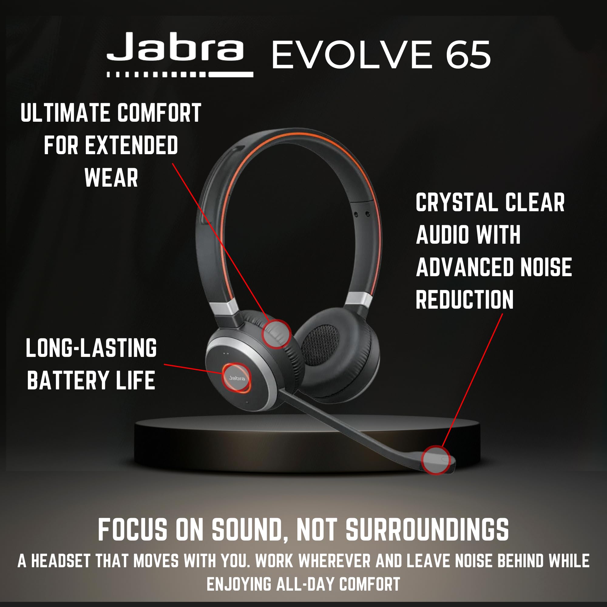 Jabra Evolve 65 Wireless Bluetooth Stereo Headset with Noise Cancelling Mic - MS Version Bundle Includes USB Dongle, Charging Stand & Extra Ear Cushions - Compatible with Skype, Teams, Zoom, PC, Mac & Smartphones - Perfect for Home Office, Remote Work & Video Conferencing