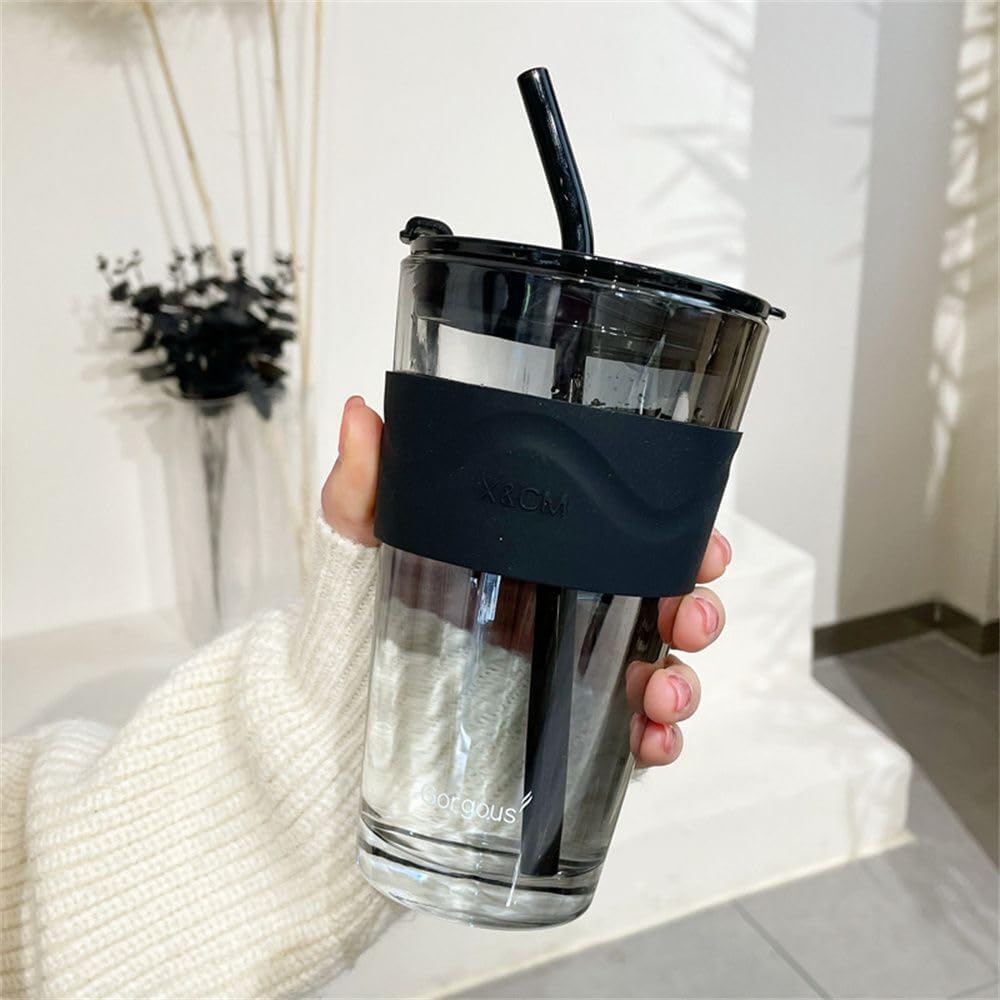 KD ZONE 450ML Glass Tumbler with Leather Sleeve - Insulated Coffee Mug with Glass Straw & Lid for Hot/Cold Drinks - Perfect for Juice, Milk, Tea - Ideal Travel Cup for Office, Commuting & Outdoor Activities (Black, Pack of 1)