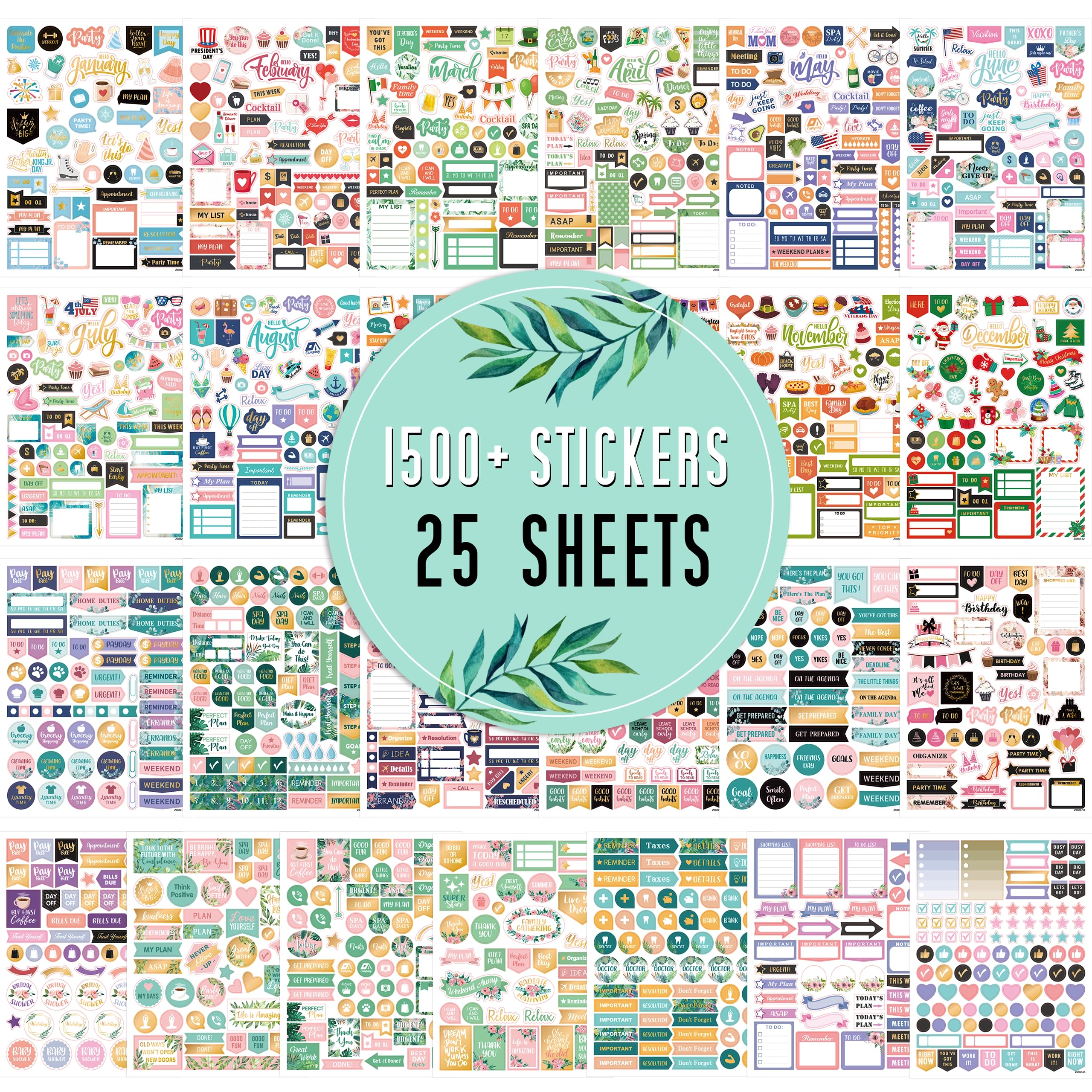 Monthly Planner Stickers Set - 25 Pages with 1500+ Functional & Colorful Calendar Stickers, Holiday Theme Journal Stickers for Bullet Journals, Planners & Scrapbooks - Perfect for Organizing, Planning & Creative Journaling