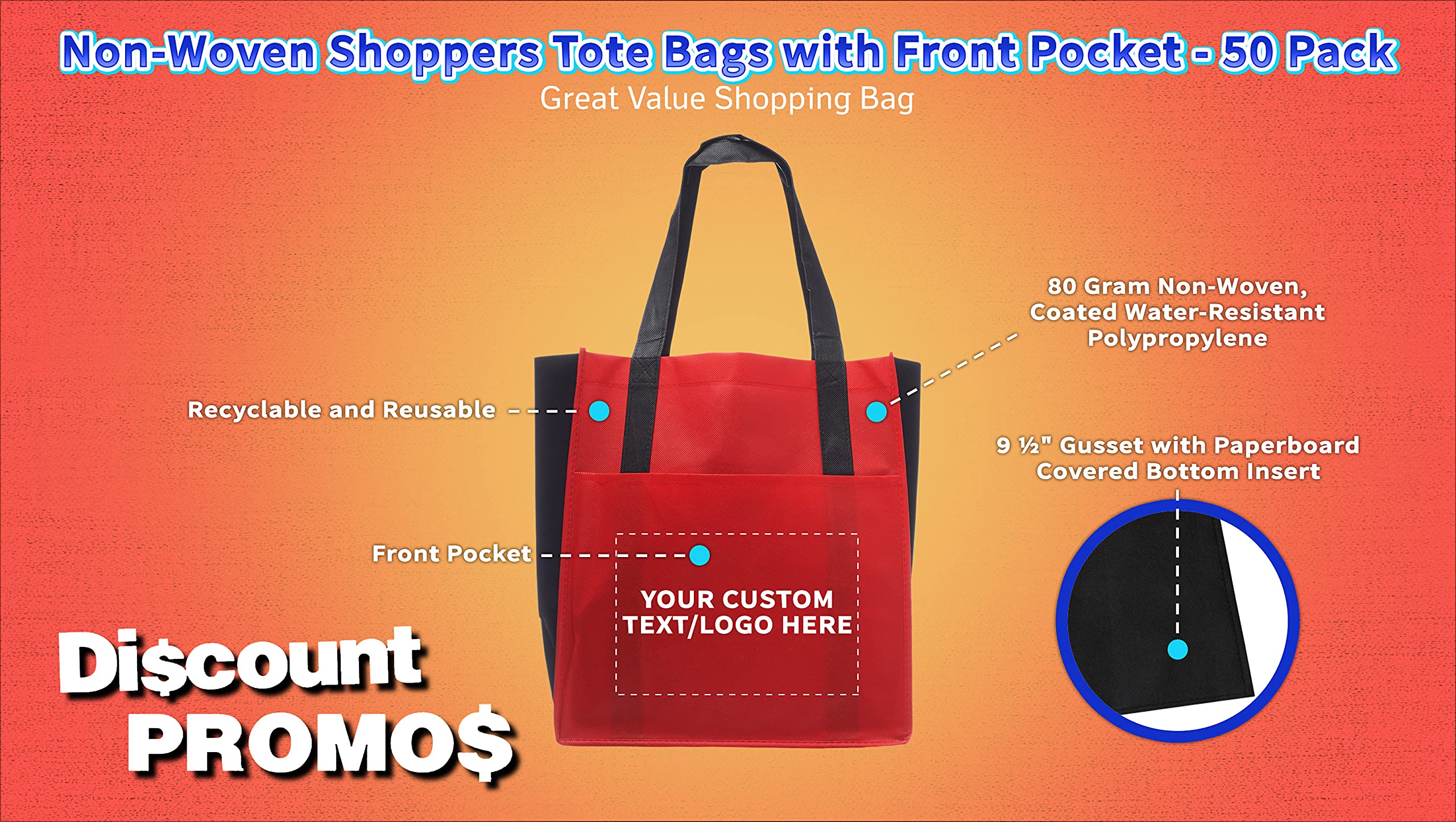 50 Pack Customizable Non-Woven Reusable Tote Bags with Front Pocket - Eco-Friendly Shopping Bags for Grocery, Beach, Promotions & Events (Red, Two Tone, 13