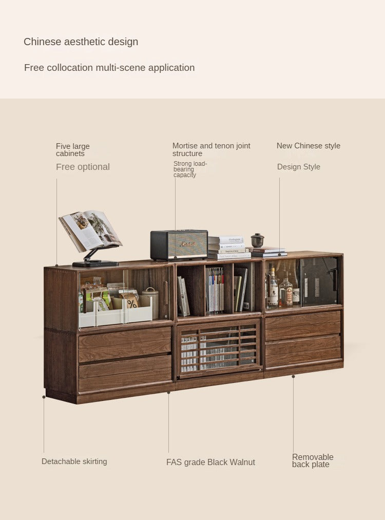 Premium Black Walnut Solid Wood Modular Bookcase - Customizable Storage Shelf for Home Office, Living Room & Library Organization