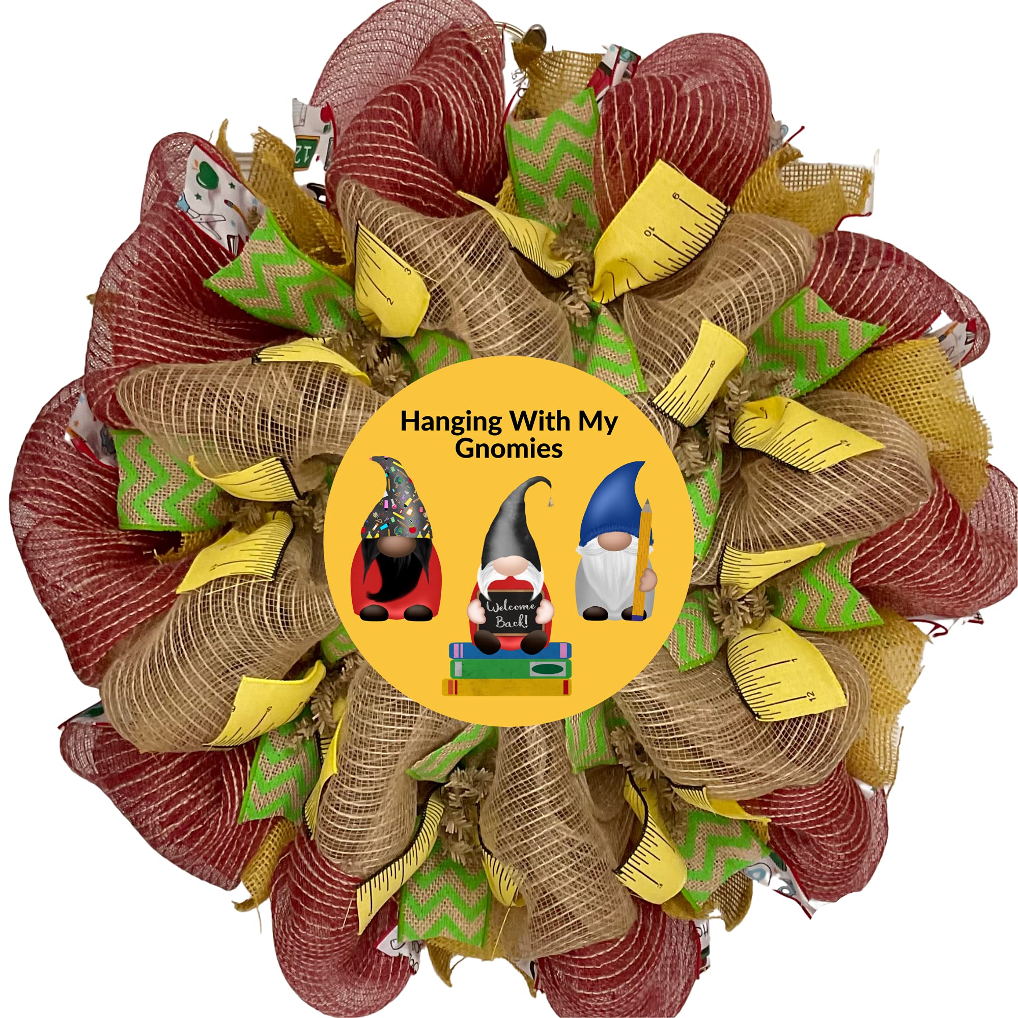 Handmade Deco Mesh Back to School Wreath - 'Hanging With My Gnomies' Gnome Theme Door Decor for Classroom, Dorm & Home Entryway