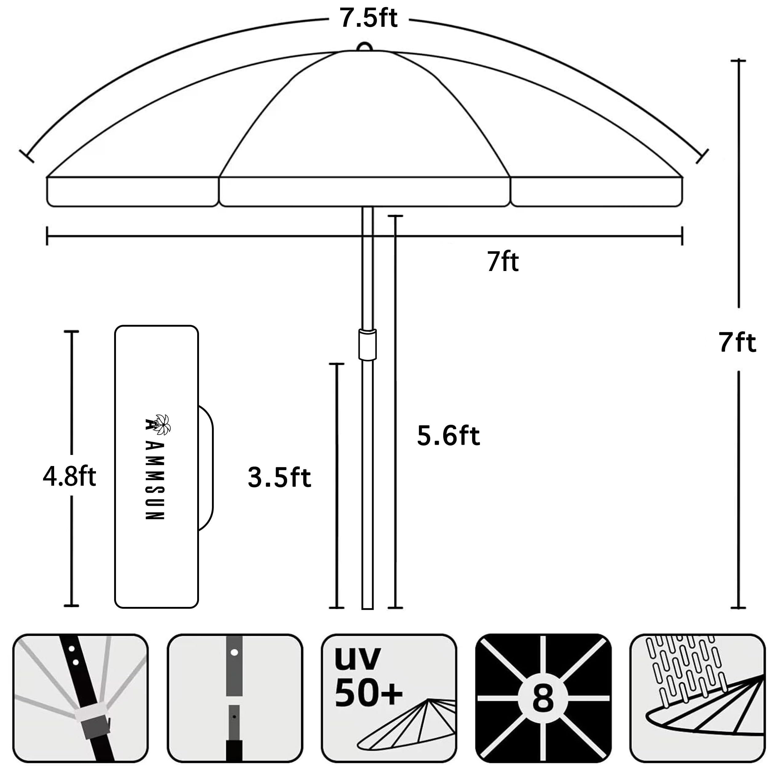 AMMSUN 7.5ft Heavy Duty Commercial Grade Beach Umbrella with Air Vent - UPF 50+ Sun Protection, Ash Wood Pole & Carry Bag - Windproof Patio Umbrella for Poolside, Backyard, and Beach (Yellow & White Stripe)