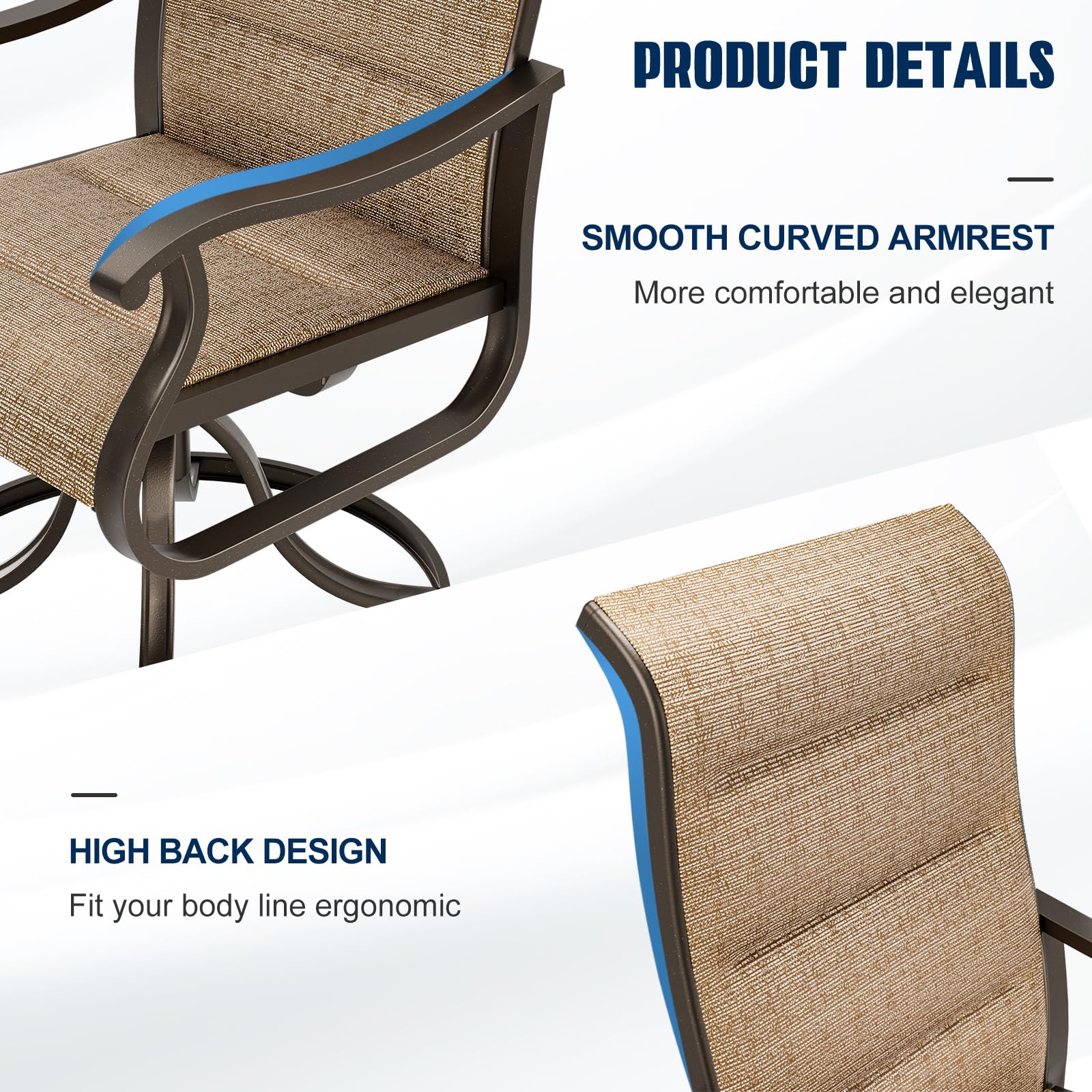 UDPATIO 2-Piece Swivel Dining Chair Set - High Back Outdoor Chairs with All-Weather Breathable Textilene Cushions & Metal Rocking Frame - Perfect for Patio, Garden, Lawn, Backyard, Poolside & Outdoor Dining Areas - Brown