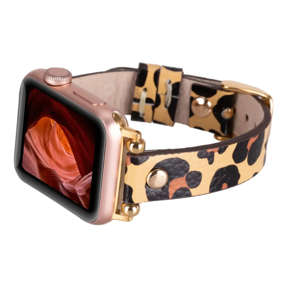 Leopard Print Genuine Leather Ultra Slim Apple Watch Band with Gold Rivets - Stylish & Durable for Workouts, Office & Everyday Wear