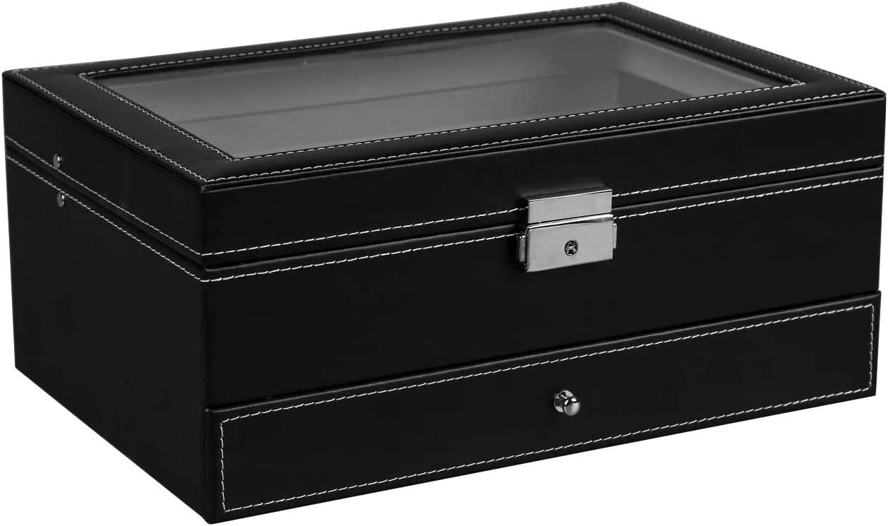 12-Slot PU Leather Lockable Watch & Jewelry Storage Box - Black | Secure Organizer for Travel, Home & Gift Giving