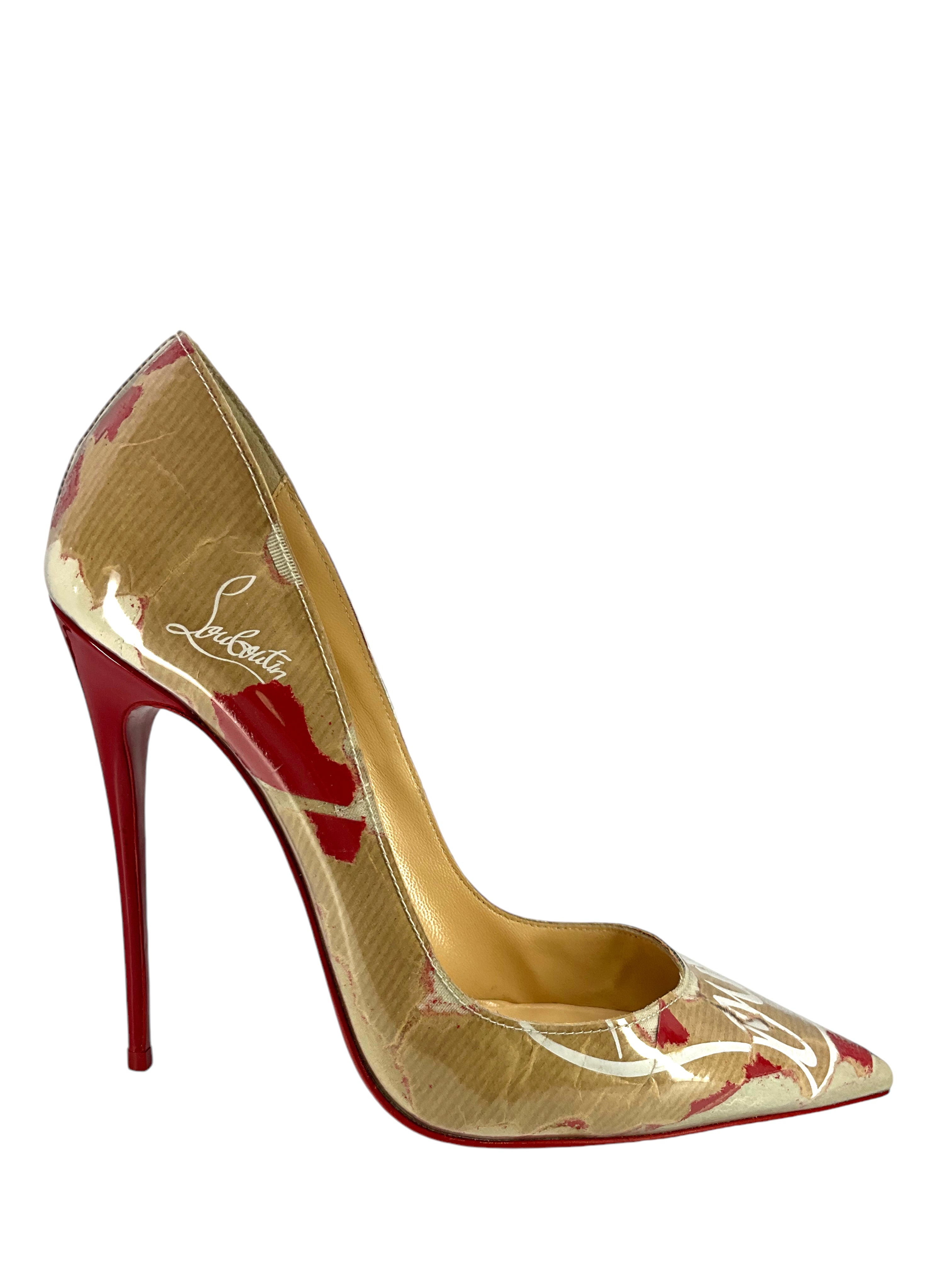 Christian Louboutin So Kate 120mm Pumps - Black PVC & Printed Kraft Paper - Women's Size 9 (US) - Perfect for Evening Parties, Weddings & Special Occasions