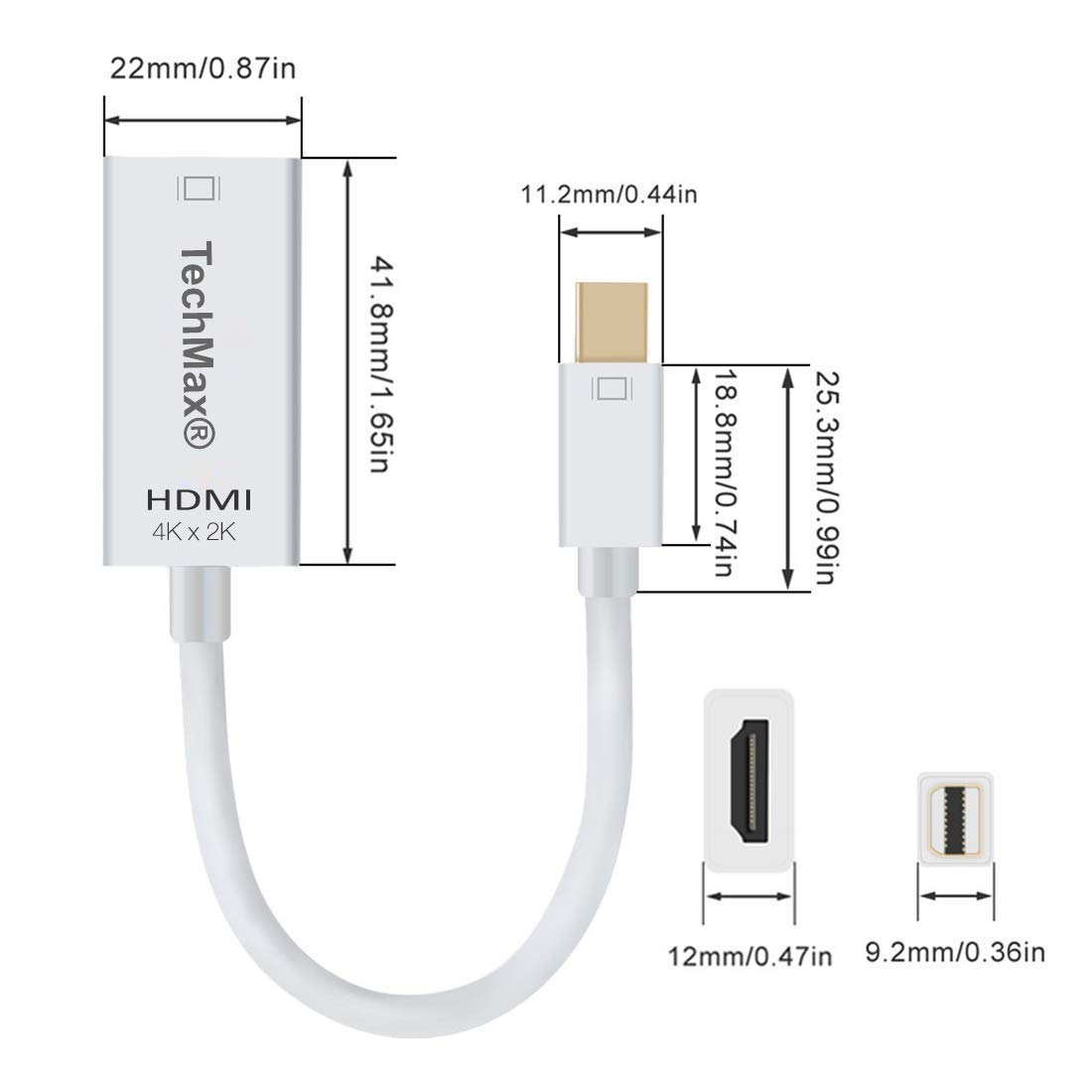 TechMax® Gold Plated Mini DisplayPort to HDMI Adapter - Thunderbolt to HDMI Male to Female Converter for MacBook Air/Pro, iMac, Surface Pro 3/4/5, ThinkPad P71/T570 - White - Perfect for Home Office, Gaming & 4K Video Streaming