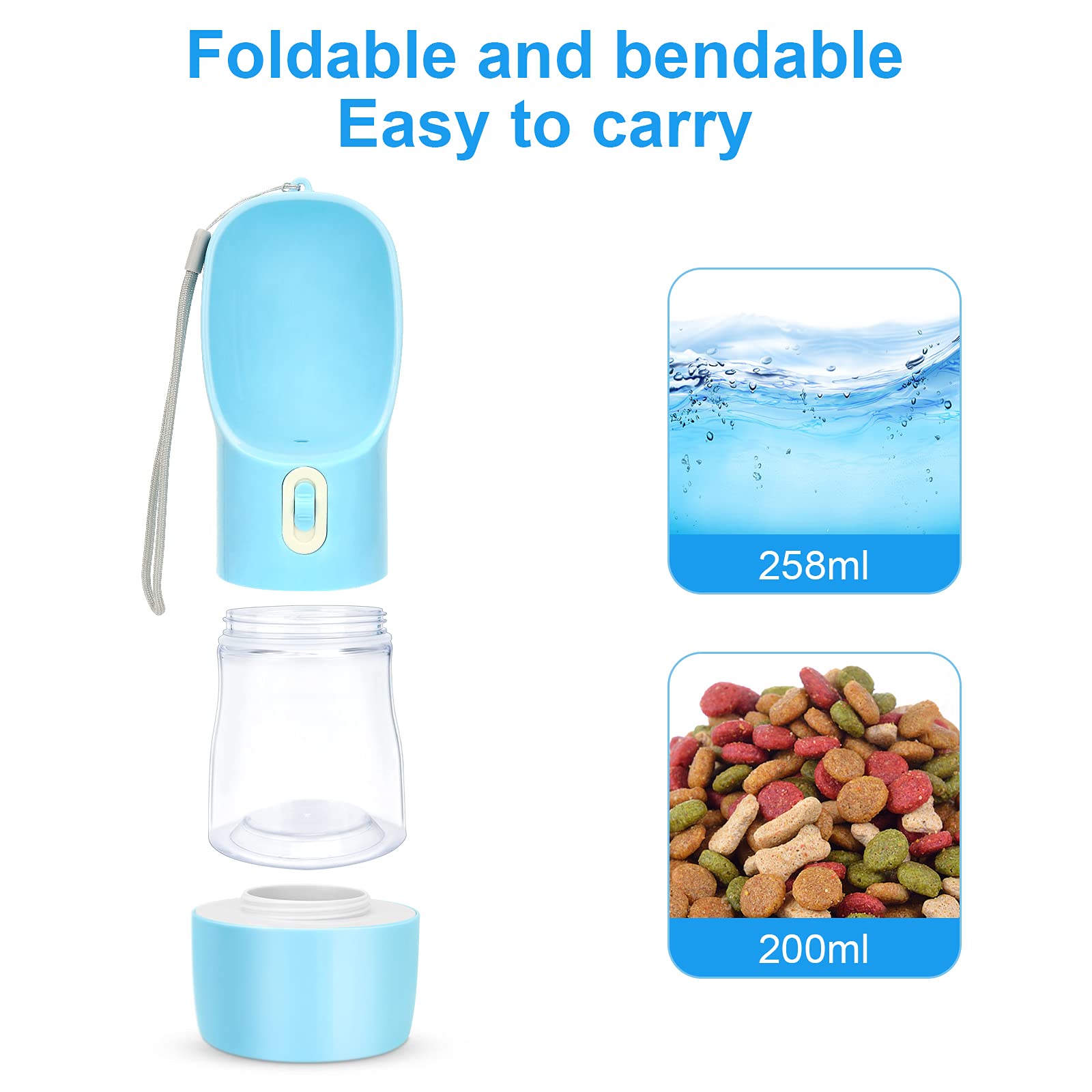 Portable Leak-Proof Dog Water Bottle & Food Dispenser - Outdoor Travel Water Bowl for Dogs and Cats (Blue) - Perfect for Hiking, Camping, and Daily Walks