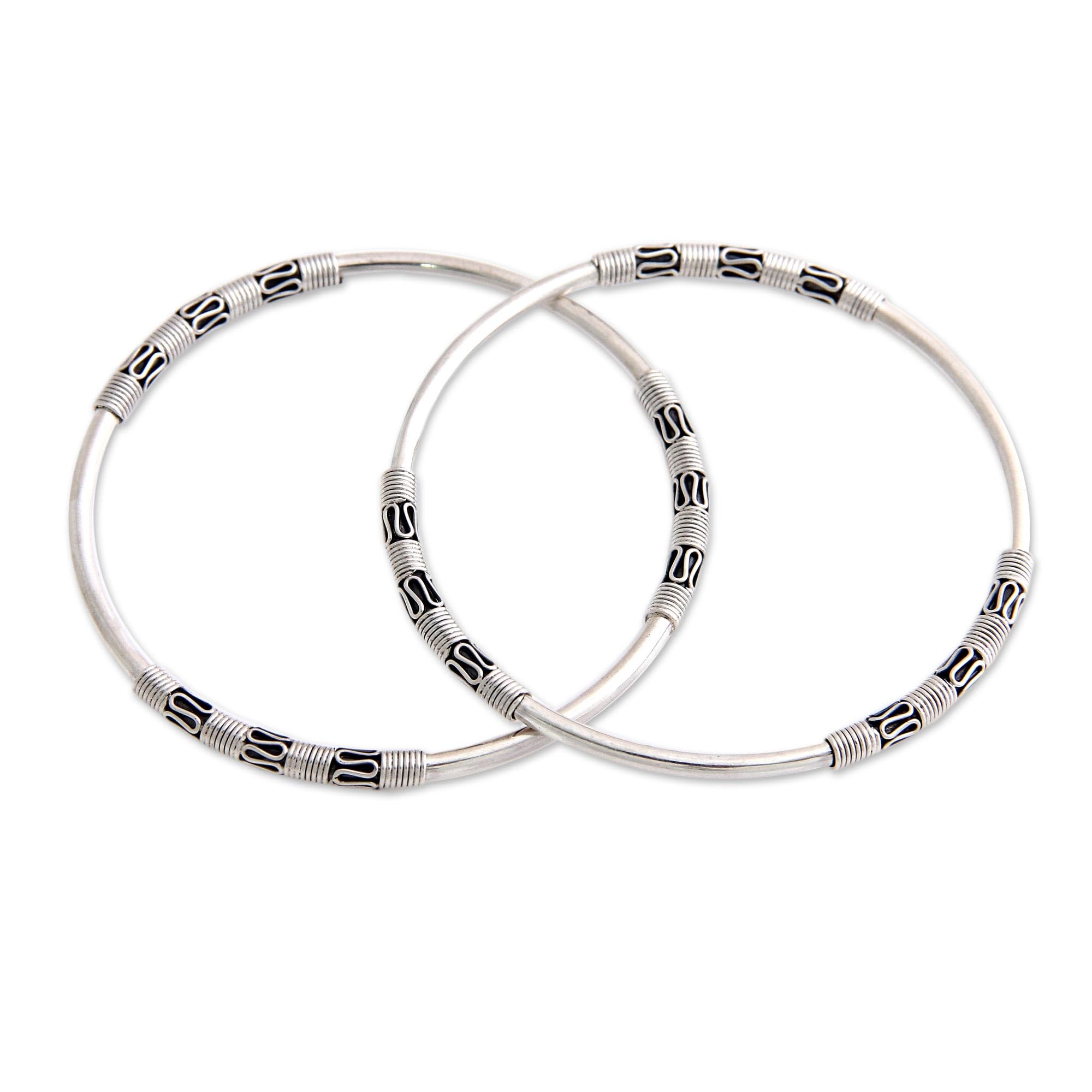 NOVICA Handmade .925 Sterling Silver Bangle Bracelets - Traditional Balinese Artisan Crafted Pair (No Stone) - Perfect for Boho Chic Style, Wedding Jewelry & Cultural Gift Giving