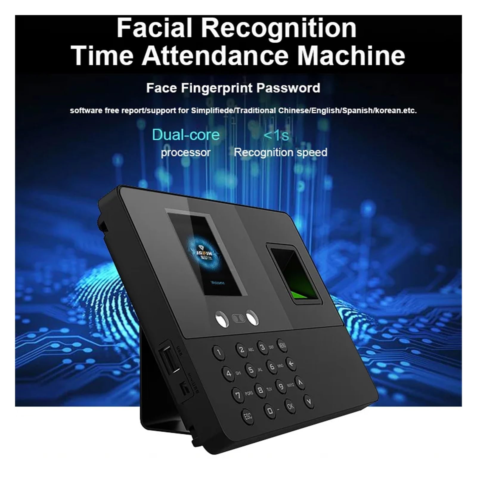 Biometric Face & Fingerprint Time Attendance Machine - Bilingual Chinese/English Display - Multilingual Punch Card System for Office & Workplace Security