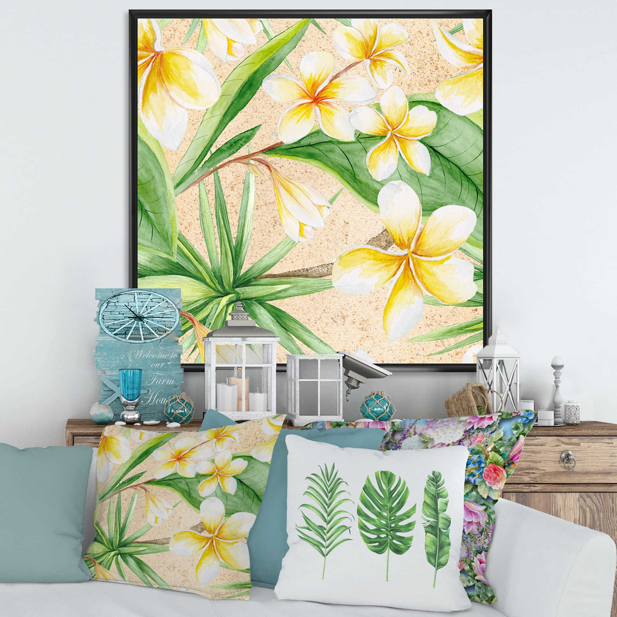 DesignQ Tropical Foliage & Yellow Flowers XI - Framed Canvas Wall Art Print - Perfect for Living Room, Bedroom & Office Decor