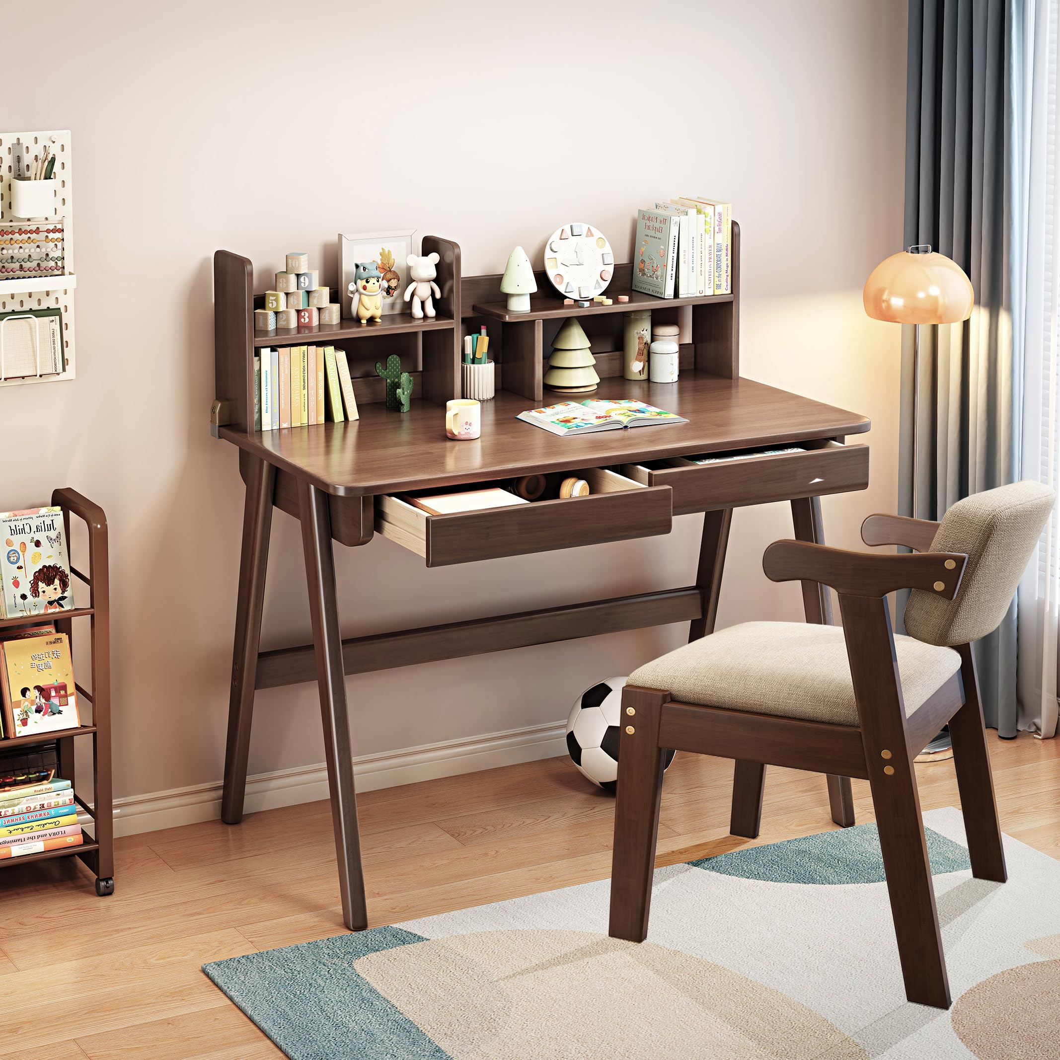 Rubberwood Kids Desk and Chair Set - Adjustable Children's Study Table with Matching Chair for Ages 3-10, Montessori Learning Furniture for Home Classroom (Brown) - Perfect for Homeschooling, Drawing, Reading & Playtime Activities