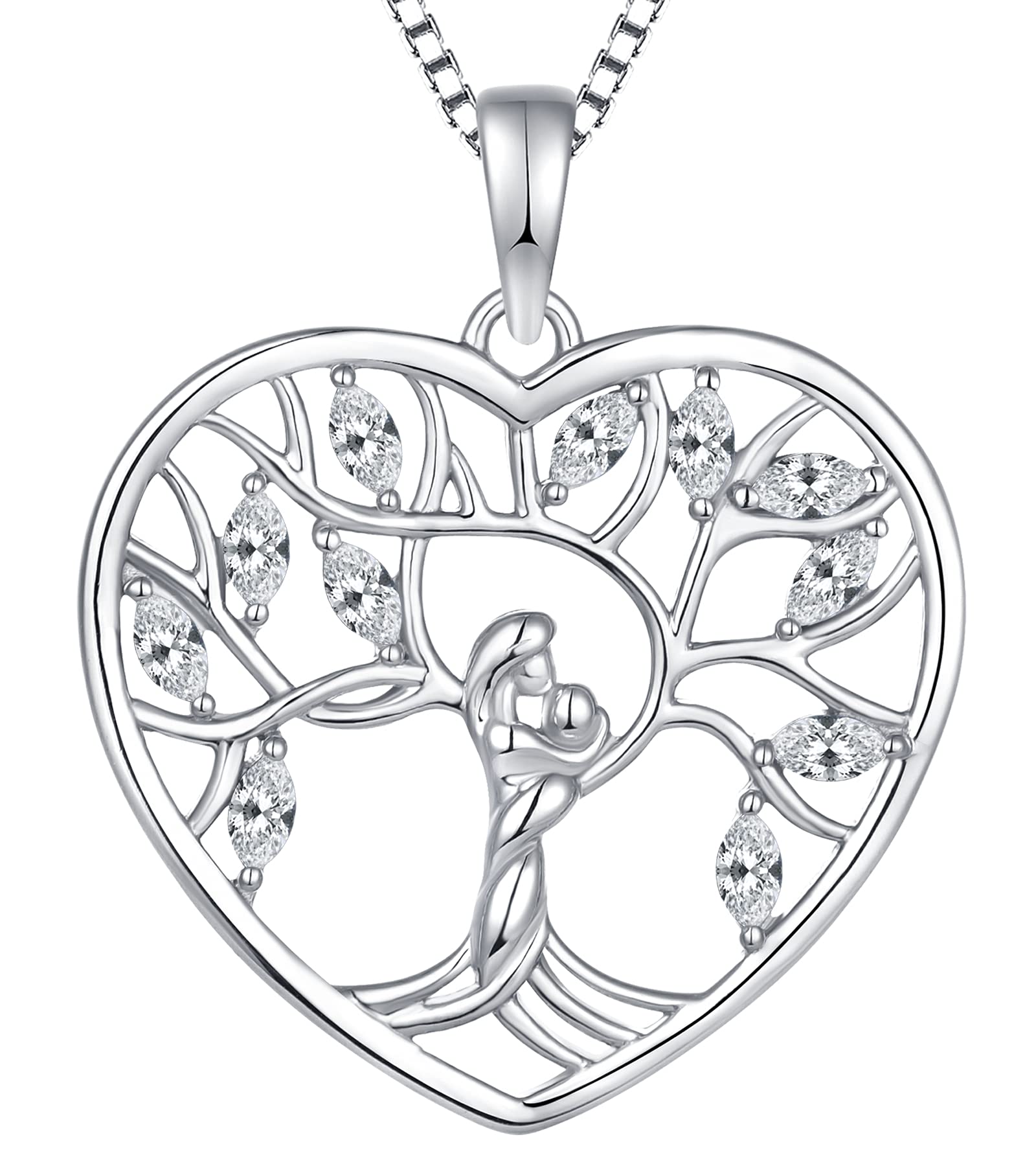 YL Mom's Heart Necklace - 925 Sterling Silver Family Pendant with Cubic Zirconia - Elegant Jewelry Gift for Women, Mothers, Wives - Perfect for Mother's Day, Anniversary & Valentine's Day