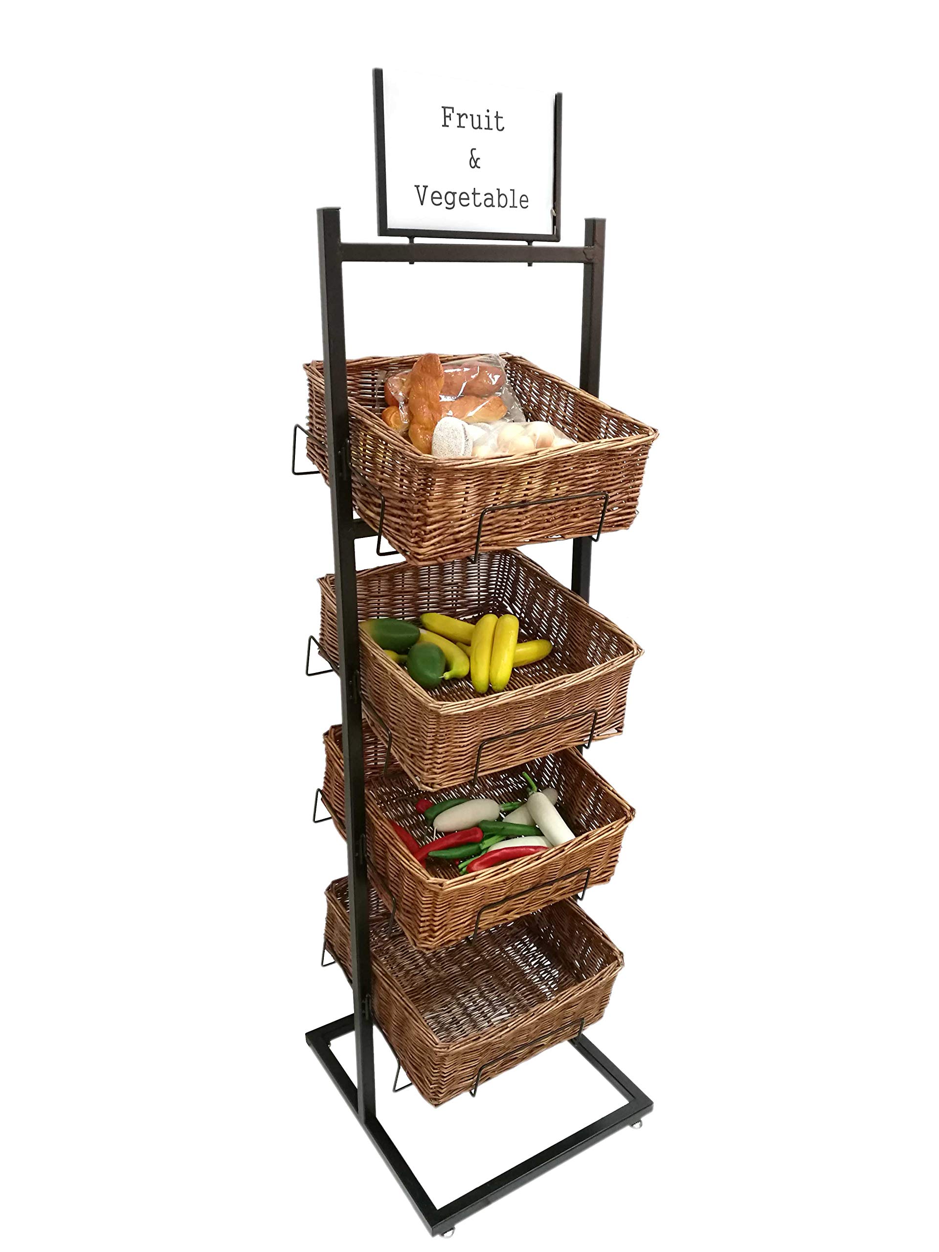 FixtureDisplays® 4-Tier Black Wicker Basket Stand - Perfect for Bakery, Produce, and Fruit Display in Stores, Farmers Markets, and Kitchen Organization