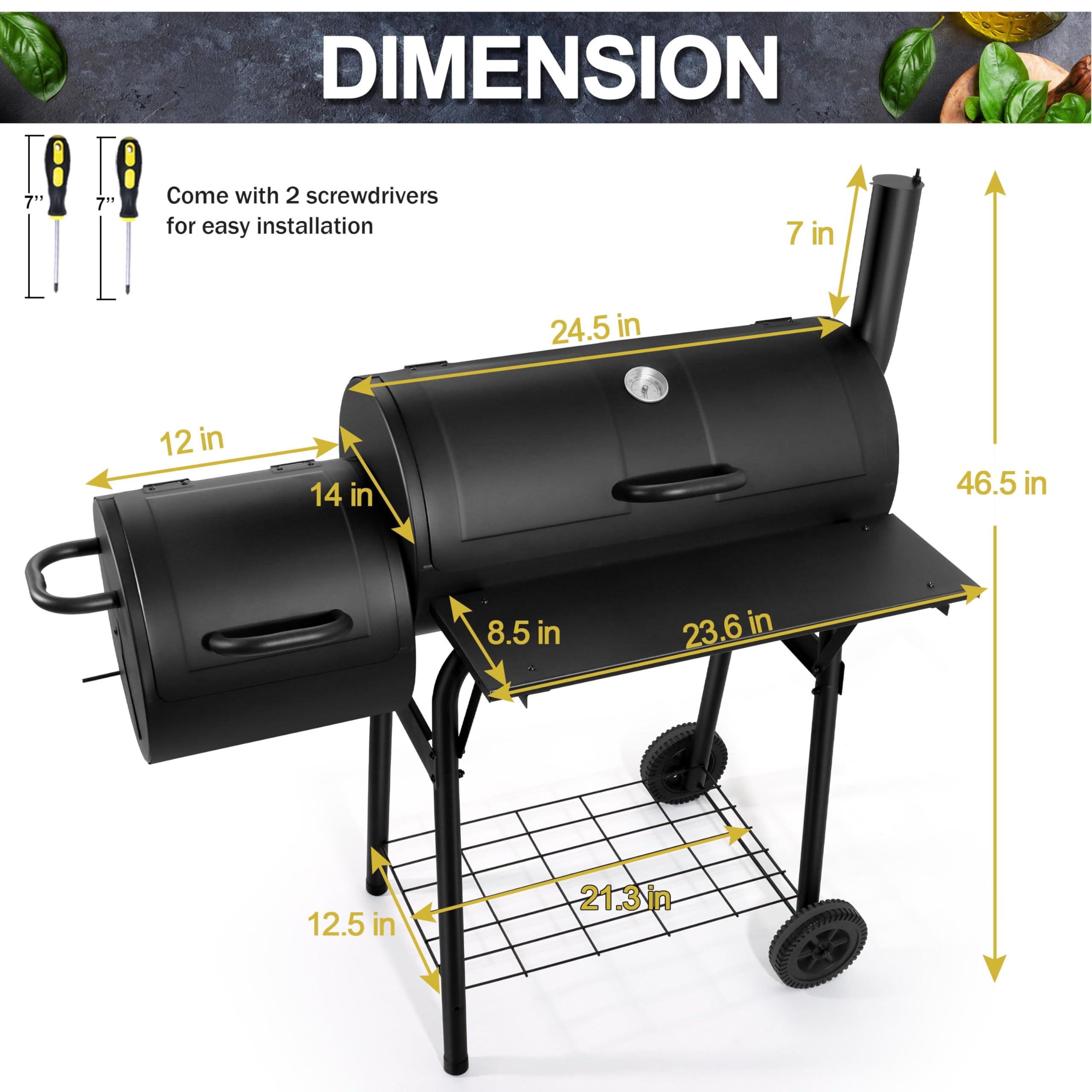 Joyfair Charcoal Grill with Offset Smoker - Heavy Duty Steel Camping BBQ Grill with Side Fire Box, Dual Chamber Design, Built-in Thermometer & Chimney - Perfect for Outdoor Backyard Parties, Tailgating & Camping Trips