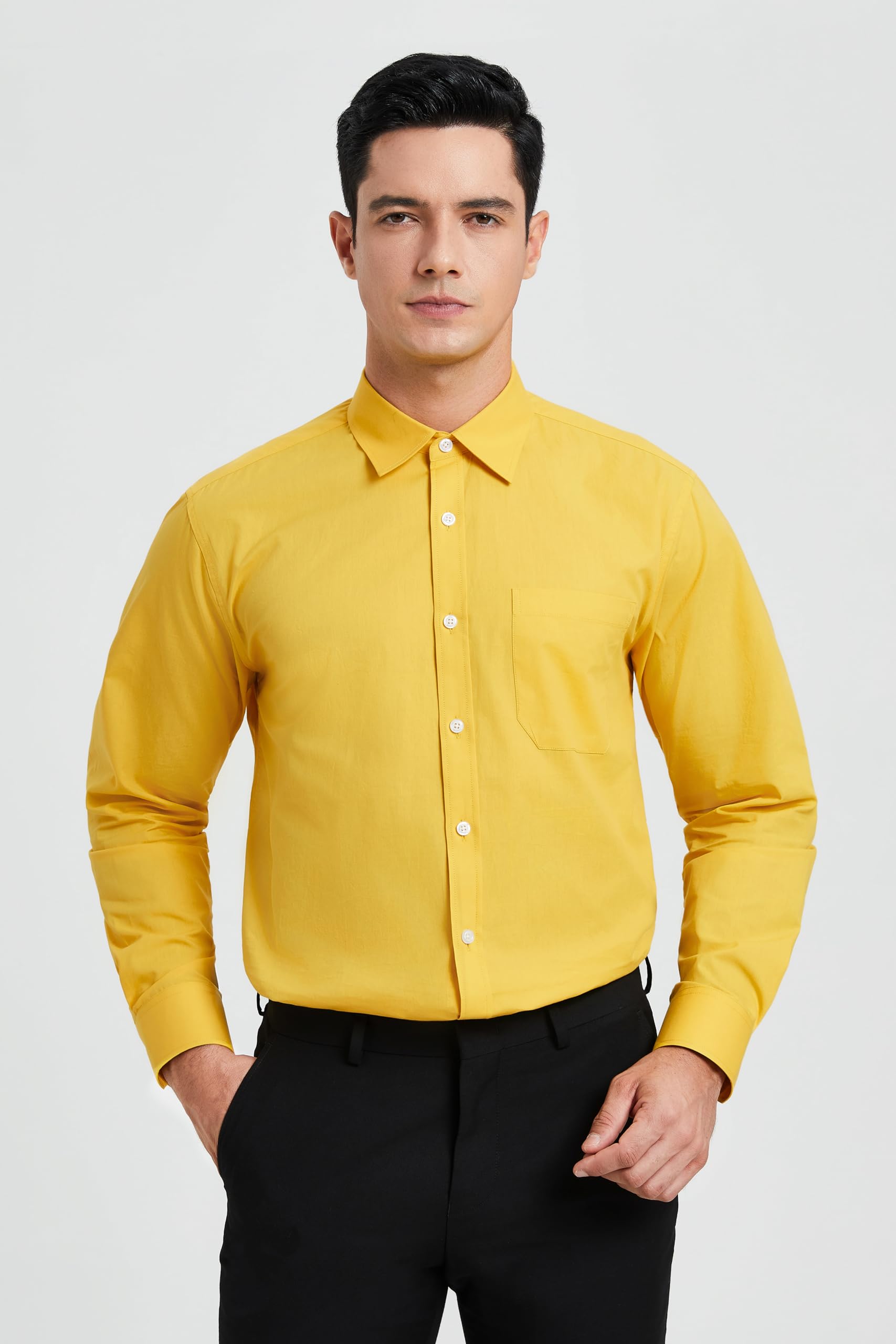 HISDERN Men's Long Sleeve Dress Shirt - Button Down Formal Business Shirt, Regular Fit Solid Cotton Casual Shirt for Office, Wedding & Professional Occasions