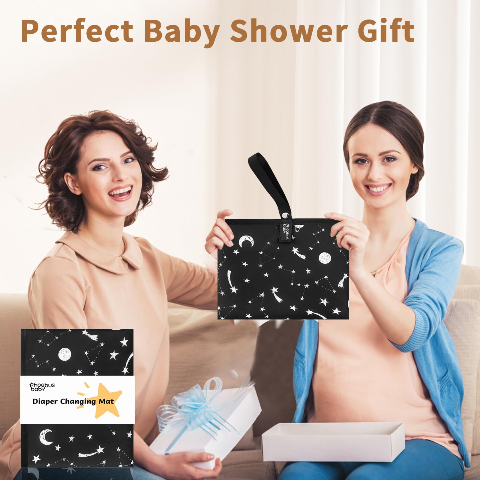 Portable Waterproof Baby Diaper Changing Pad - Compact Travel Changing Mat with Wrist Strap, Wipeable & Lightweight for Diaper Bag (Black Stars) - Perfect for On-the-Go Parents, Airplane Travel & Quick Diaper Changes
