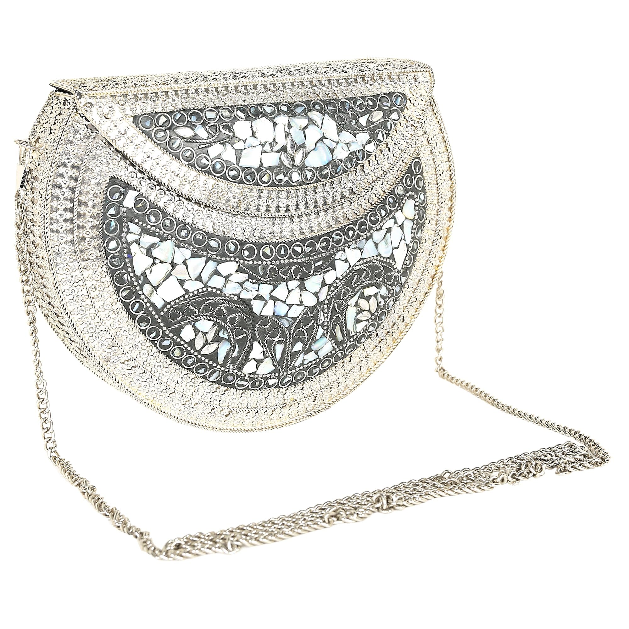Vintage Silver Shell Mosaic Clutch Purse - Handmade Ethnic Indian Nacre Stone Bag for Women | Perfect for Weddings, Parties & Special Occasions