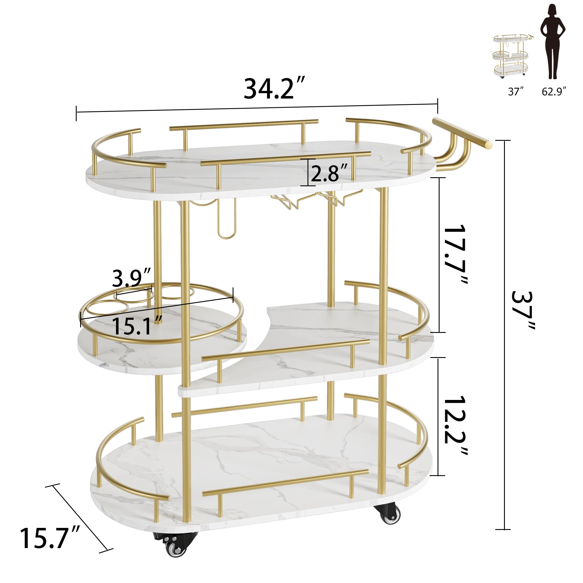 4-Tier Gold Bar Cart with Wheels - Mobile Serving Cart with Wine Rack & Glass Holder - Kitchen, Dining Room, Living Room Organizer - Perfect for Home Entertaining, Parties & Small Space Storage