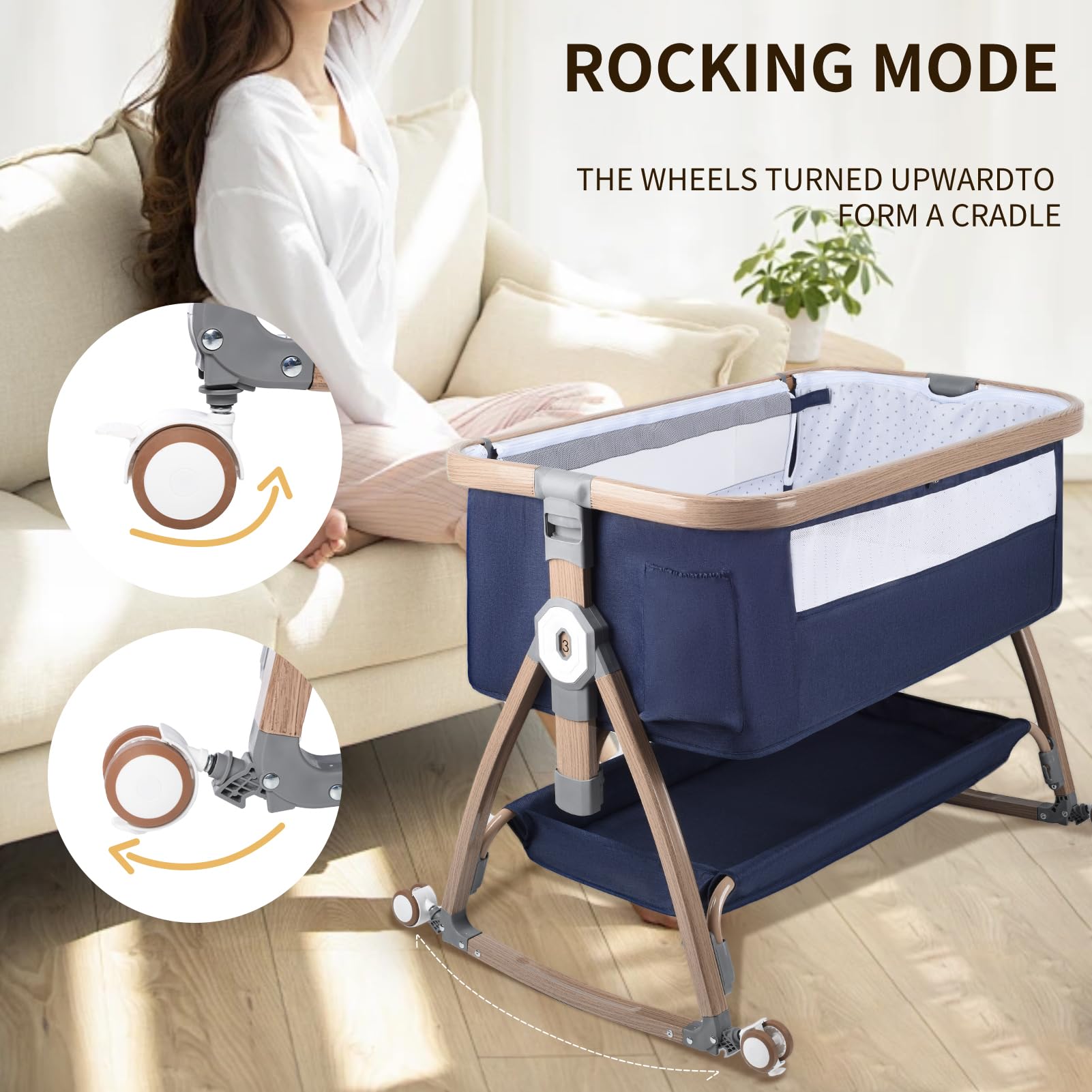 PLKMGF 3-in-1 Adjustable Baby Bassinet & Bedside Sleeper with Wheels, Storage Basket & Mosquito Net - Portable Crib for Newborn & Infant - Perfect for Nursery, Bedroom & Travel Use